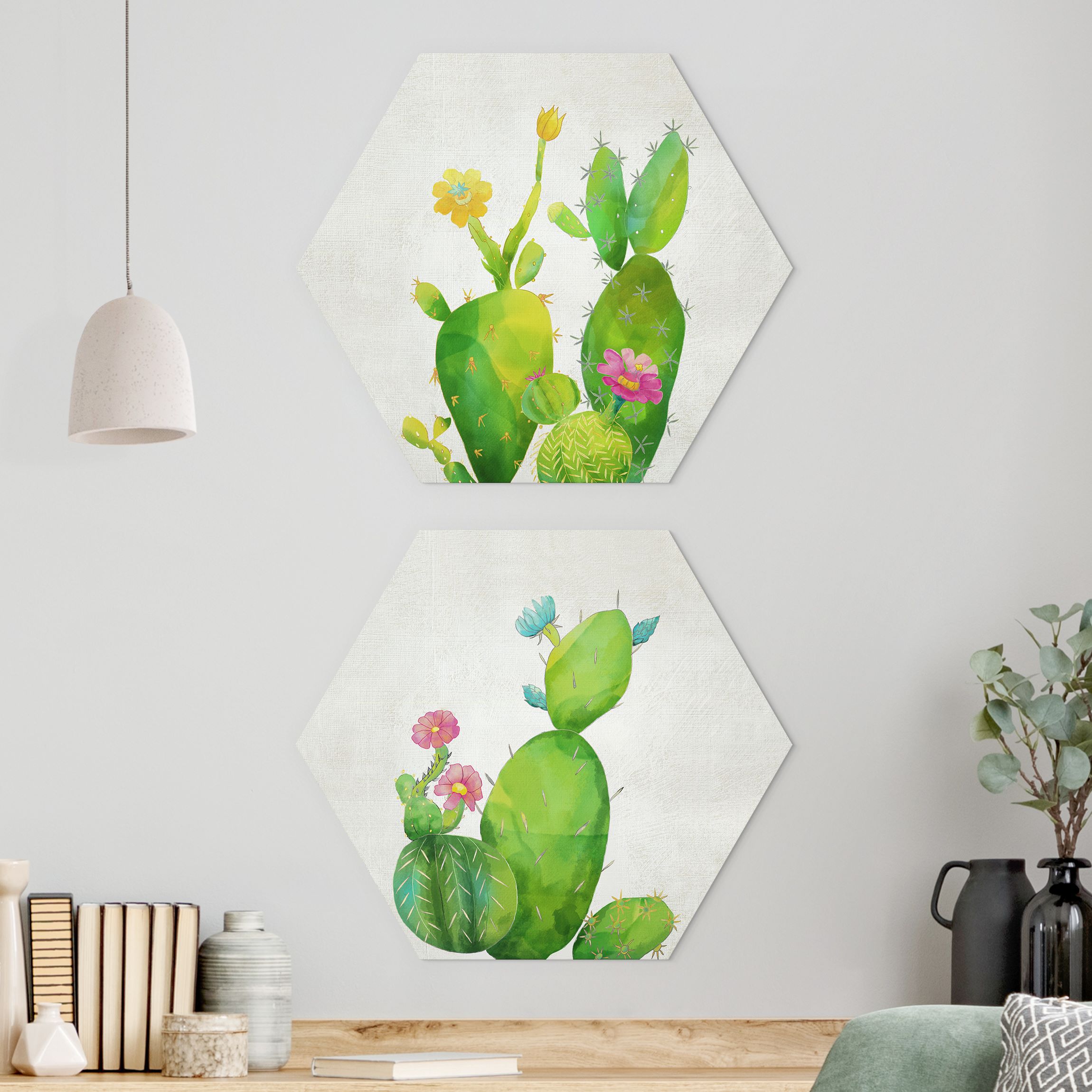 2-teiliges Hexagon-Alu-Dibond Bild Kaktusfamilie Set I