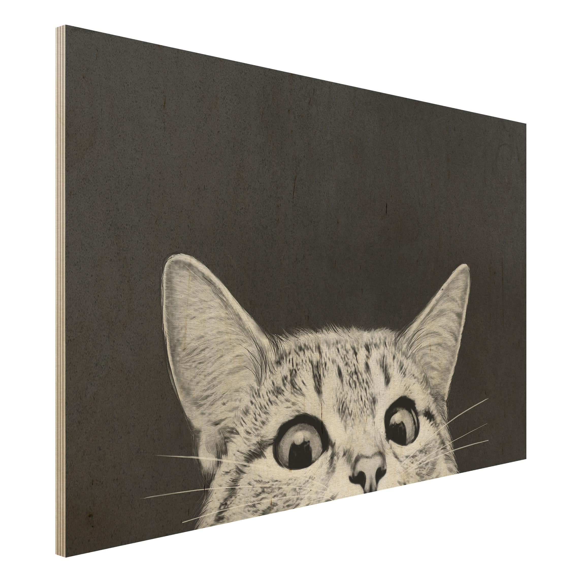 Holzbild Illustration Katze Schwarz Weiß Zeichnung