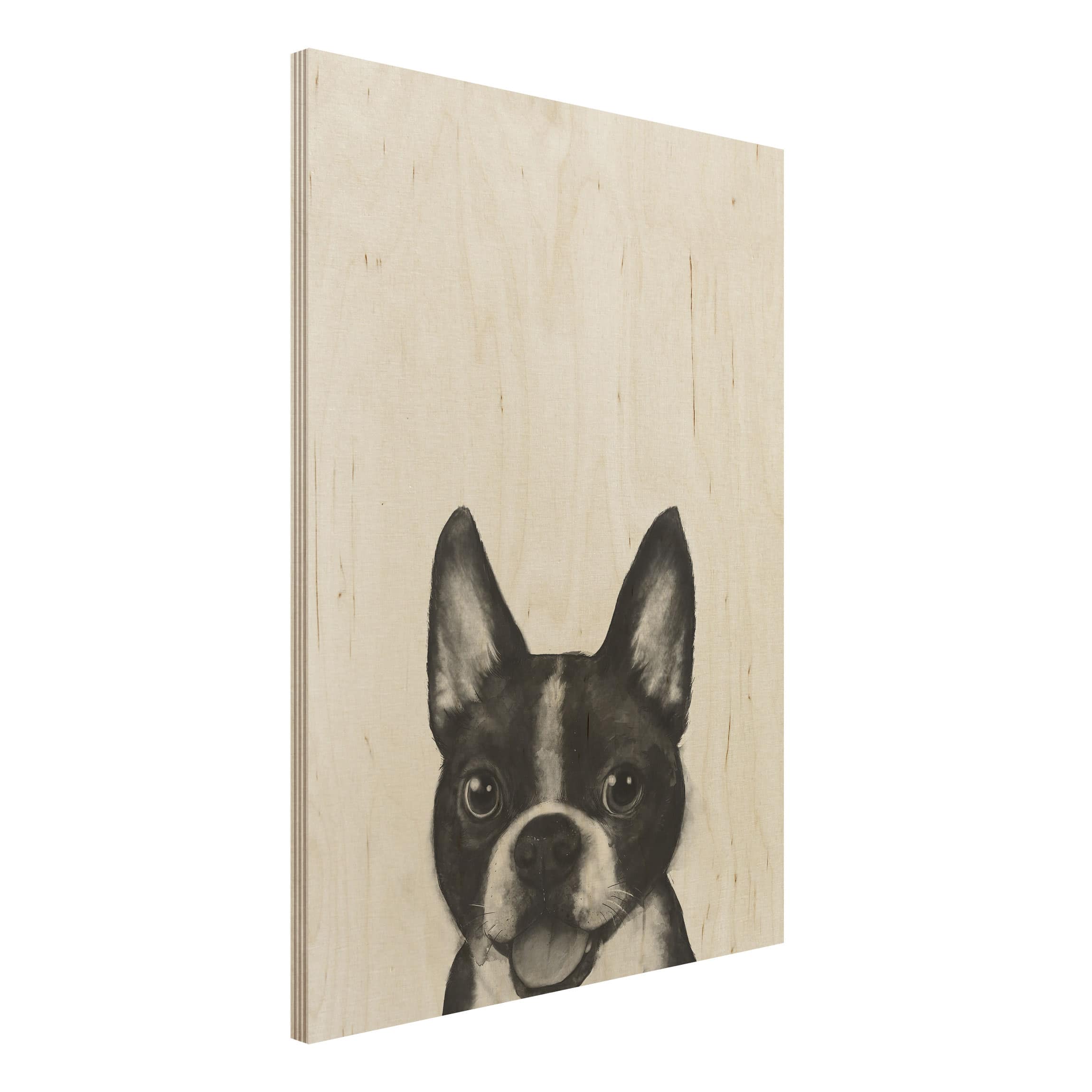 Holzbild - Hochformat 3:4 Illustration Hund Boston Schwarz Weiß Malerei