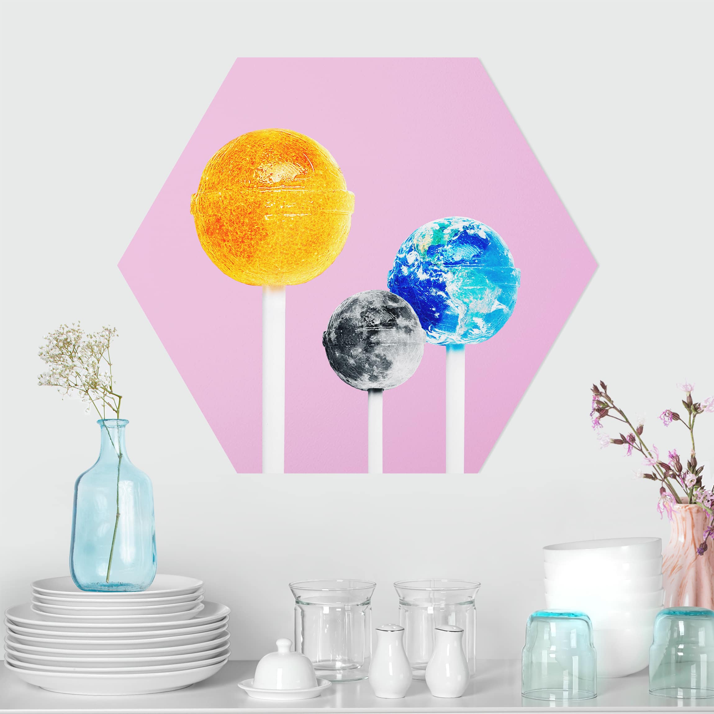 Hexagon-Alu-Dibond Bild Lollipops mit Planeten