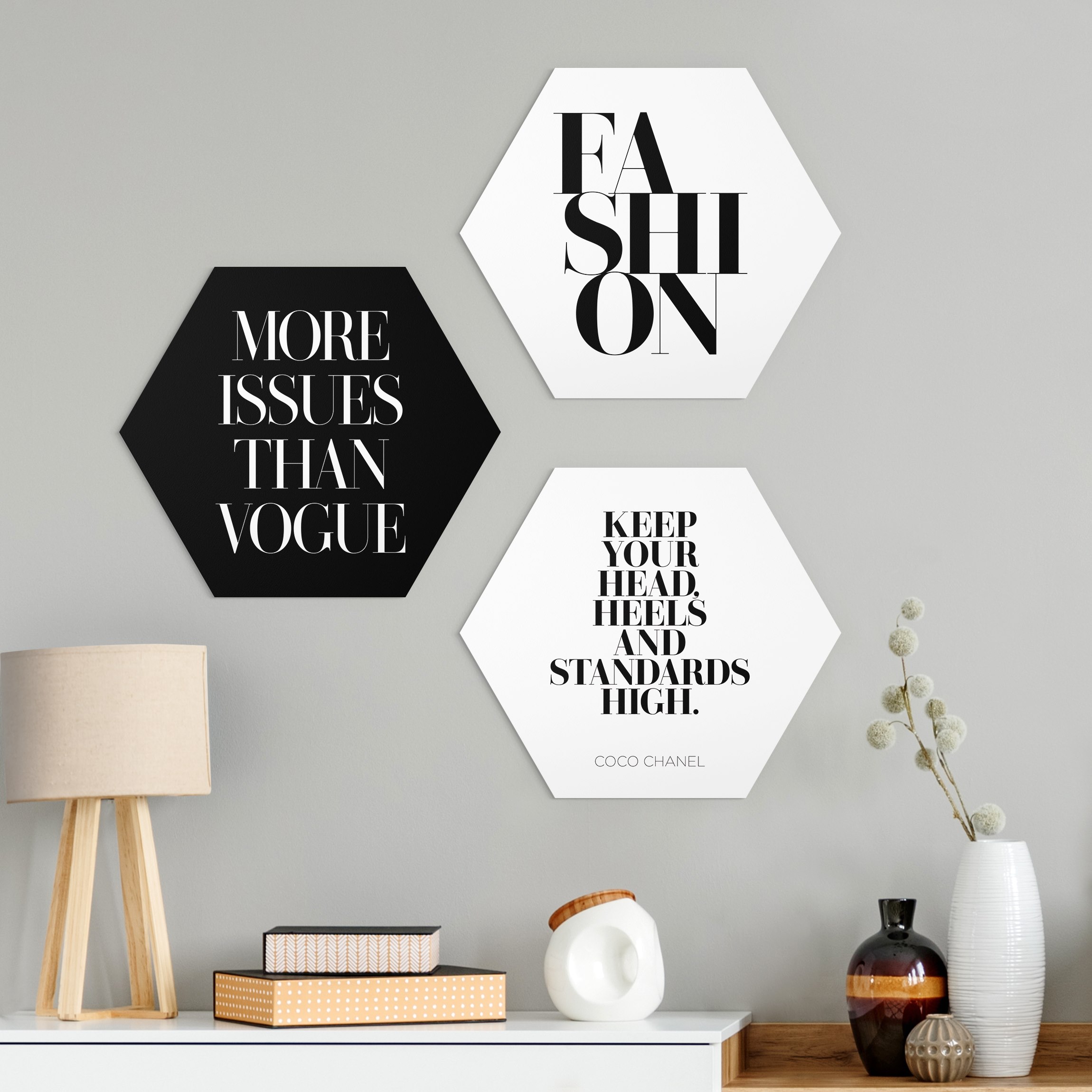 3-teiliges Hexagon-Alu-Dibond Bild Fashion Vogue & High Heels