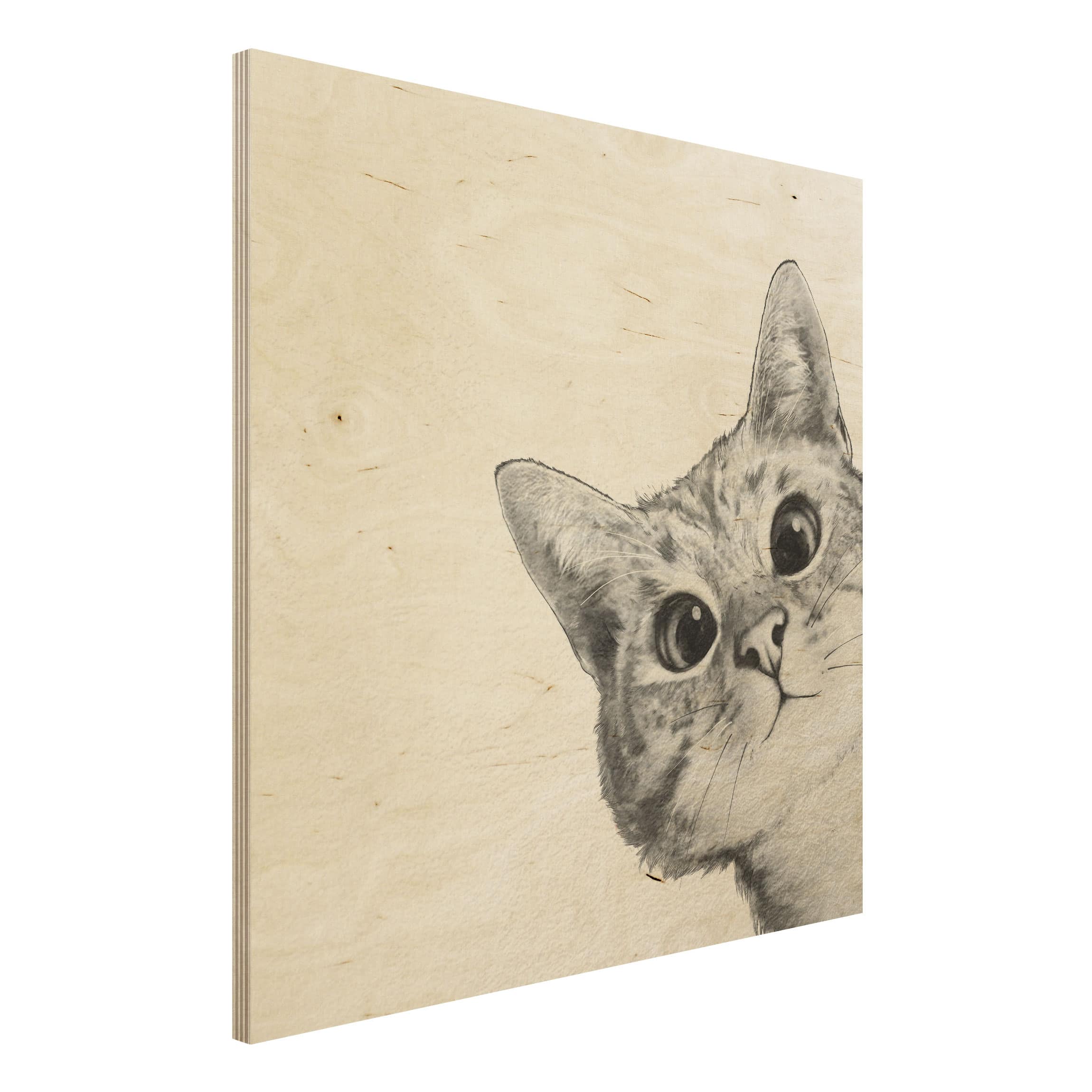 Holzbild - Quadrat Illustration Katze Zeichnung Schwarz Weiß