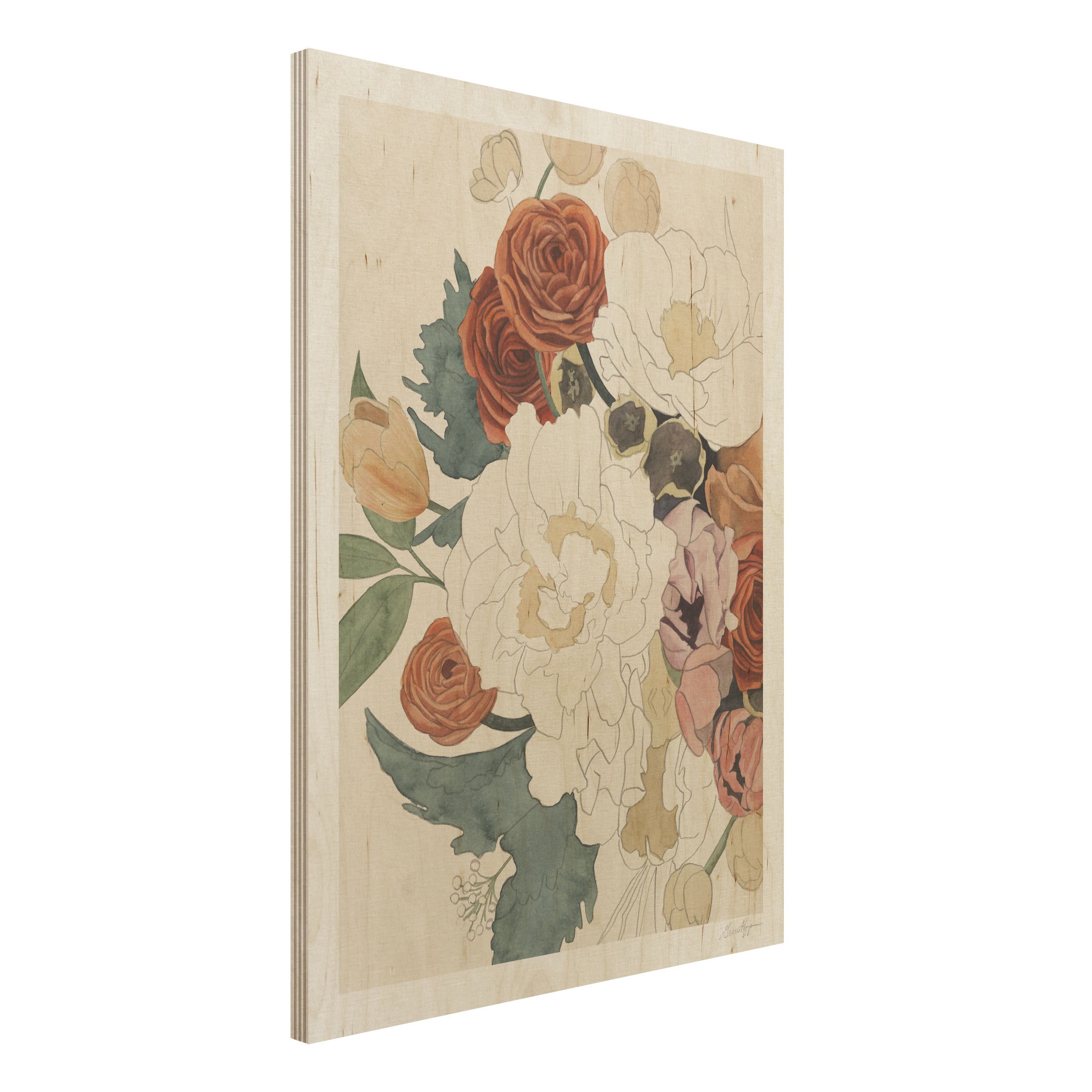Holzbild - Hochformat 3:4 Zeichnung Blumenbouquet in Rot und Sepia