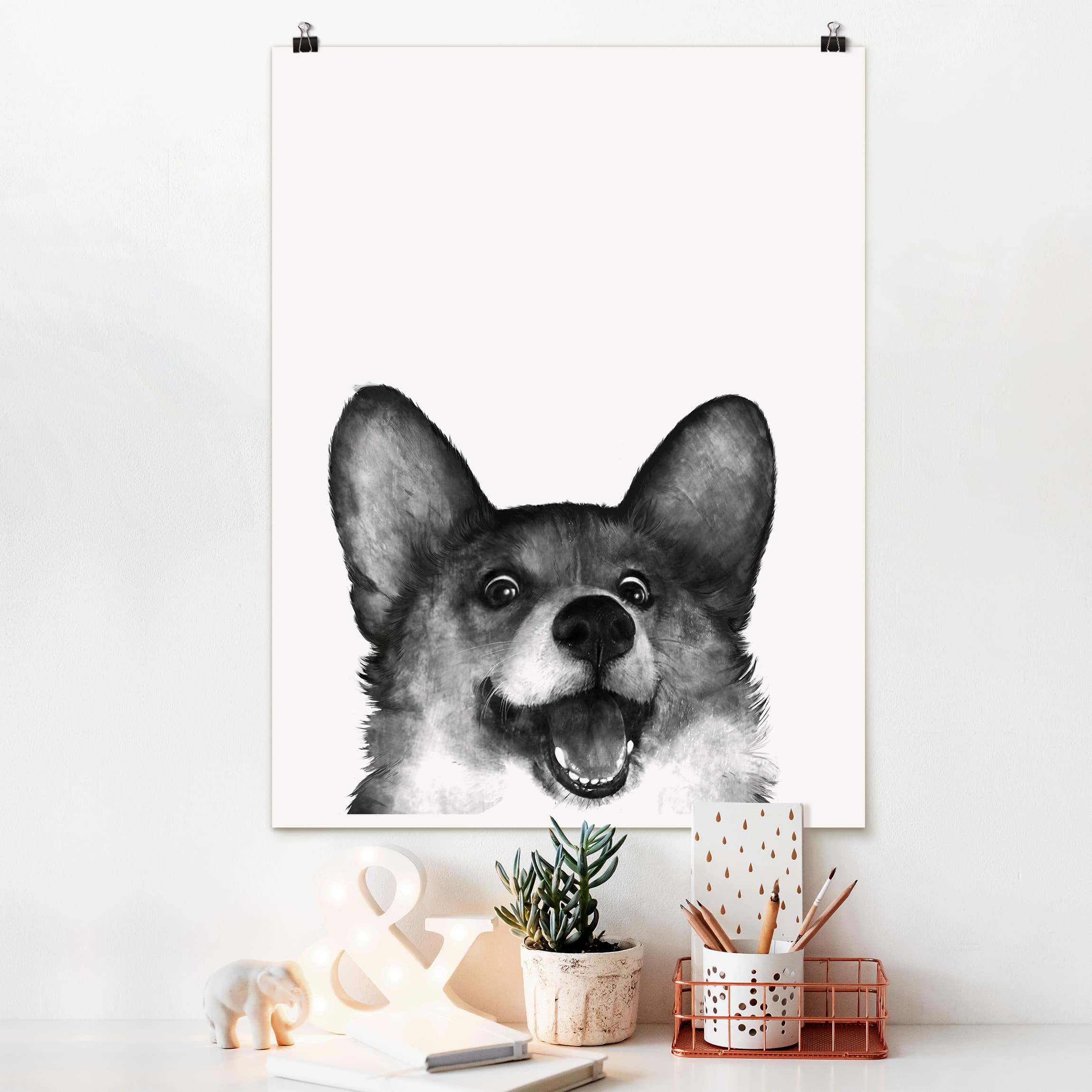 Poster - Hochformat Illustration Hund Corgi Weiß Schwarz Malerei
