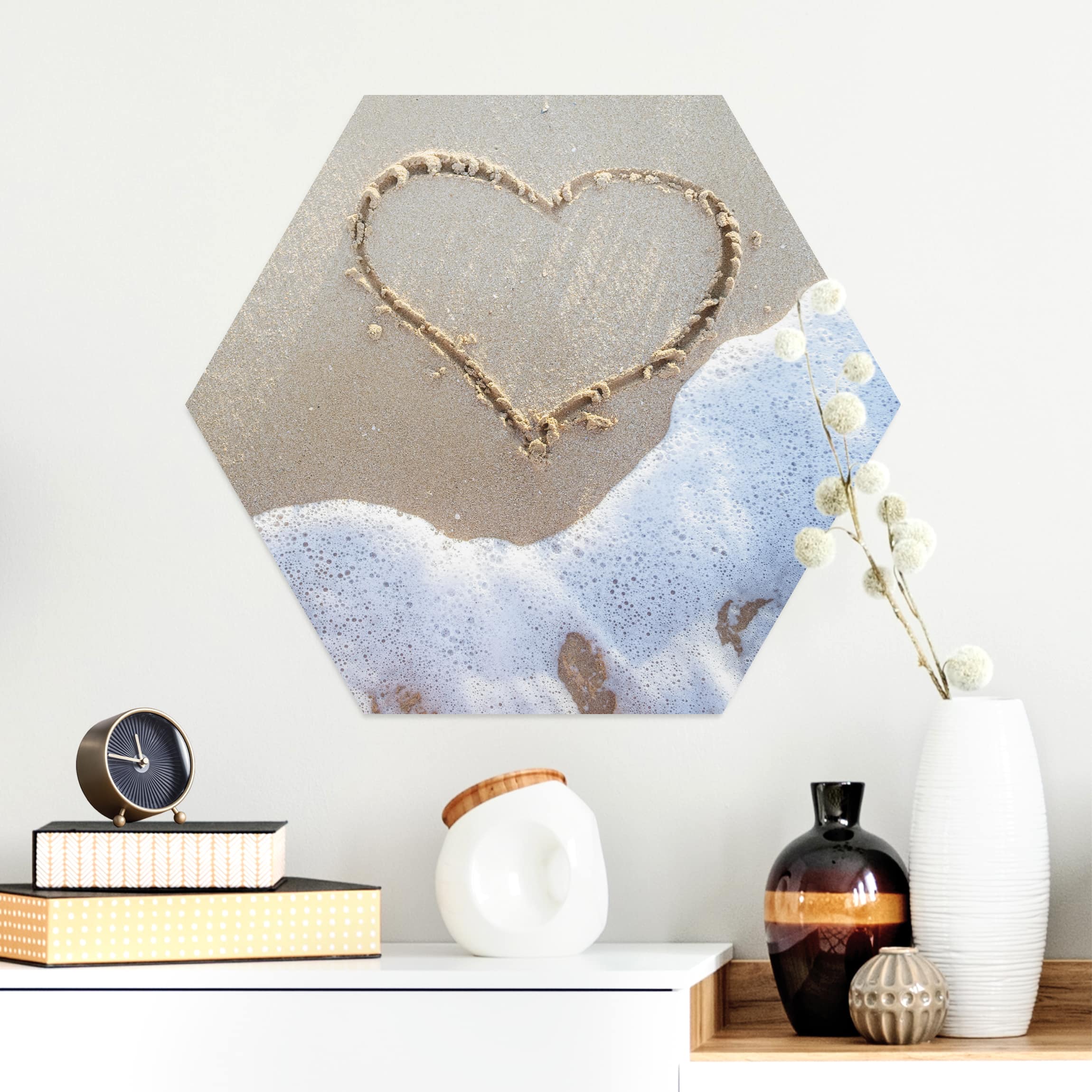 Hexagon-Alu-Dibond Bild Herz am Strand