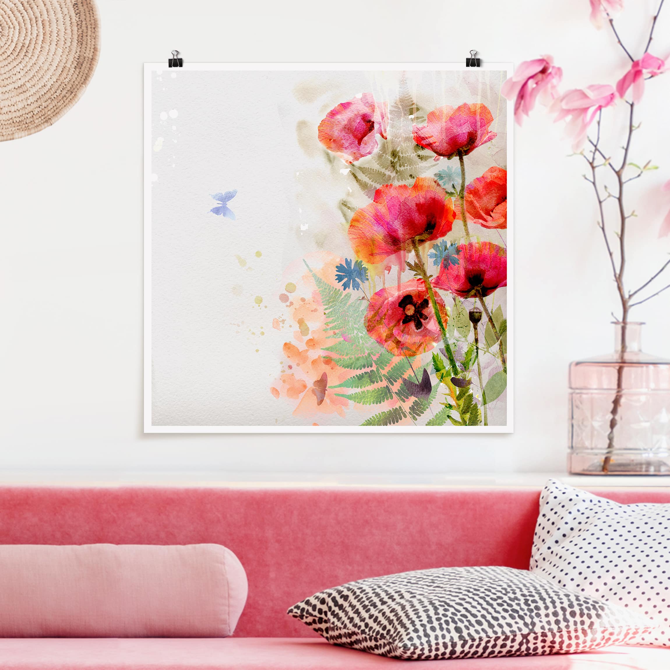Poster - Quadrat Aquarell Blumen Mohn