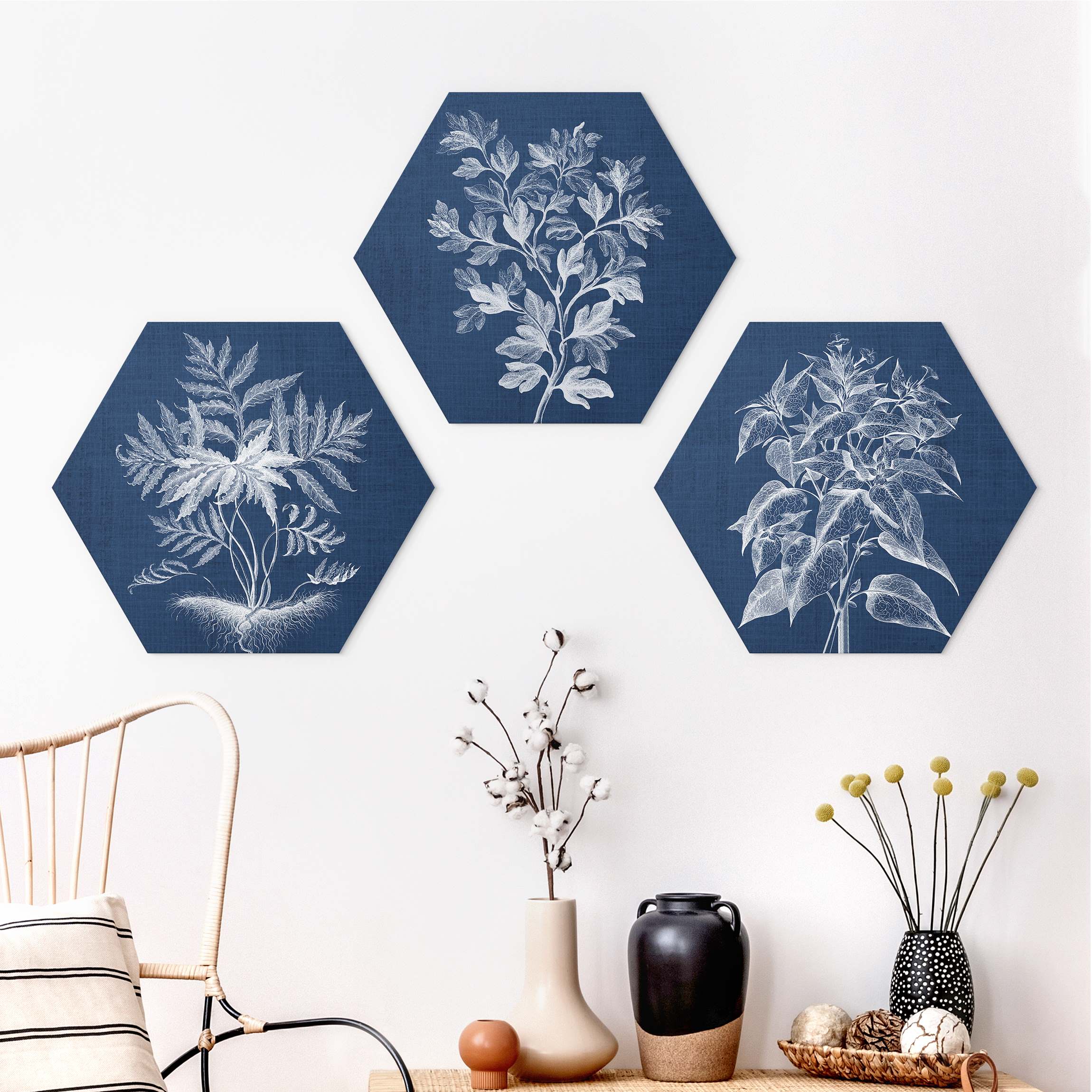 3-teiliges Hexagon-Alu-Dibond Bild Denim Pflanzenstudie Set I