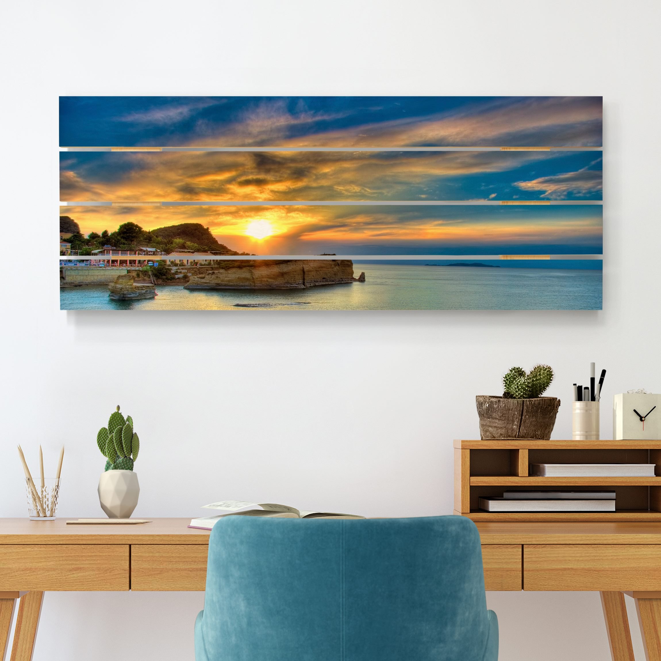 Holzbild Plankenoptik - Panorama Sonnenuntergang über Korfu