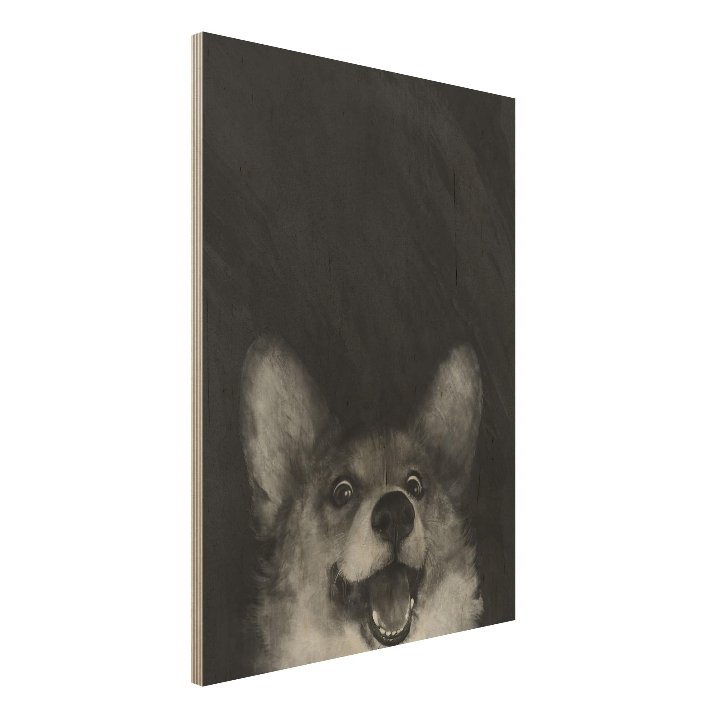 Holzbild - Hochformat 3:4 Illustration Hund Corgi Malerei Schwarz Weiß