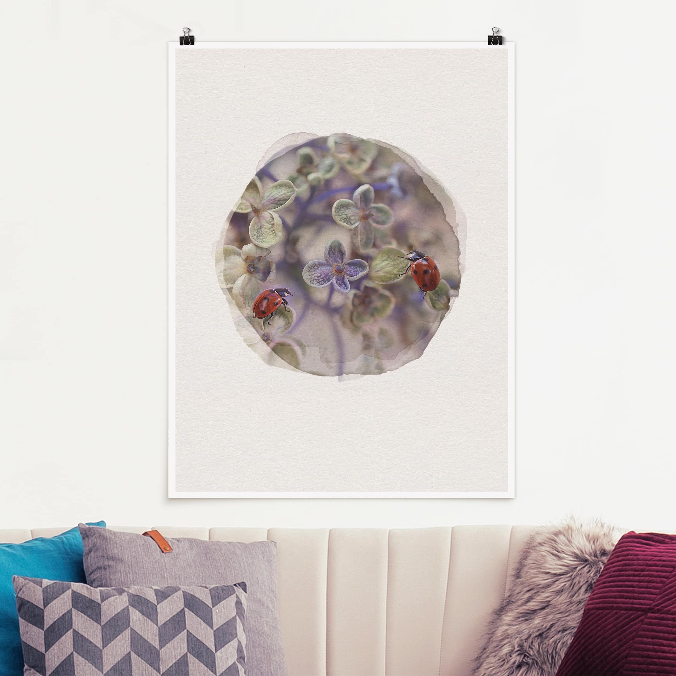 Poster - Hochformat Wasserfarben - Marienkäfer im Garten