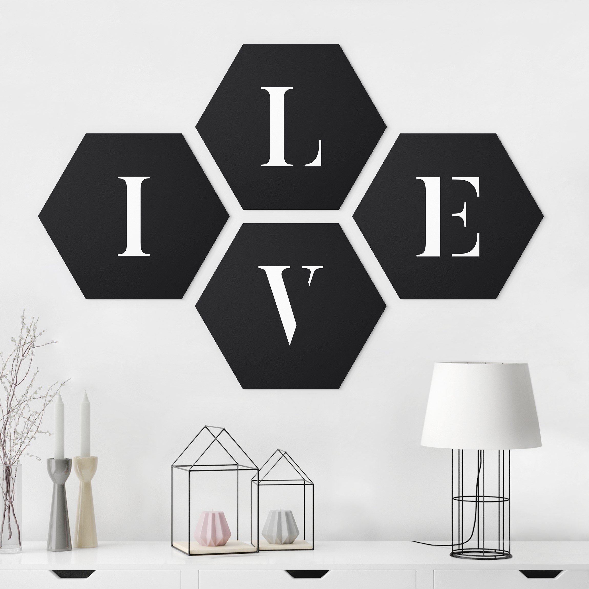 4-teiliges Hexagon-Alu-Dibond Bild Buchstaben LIVE Weiß Set II