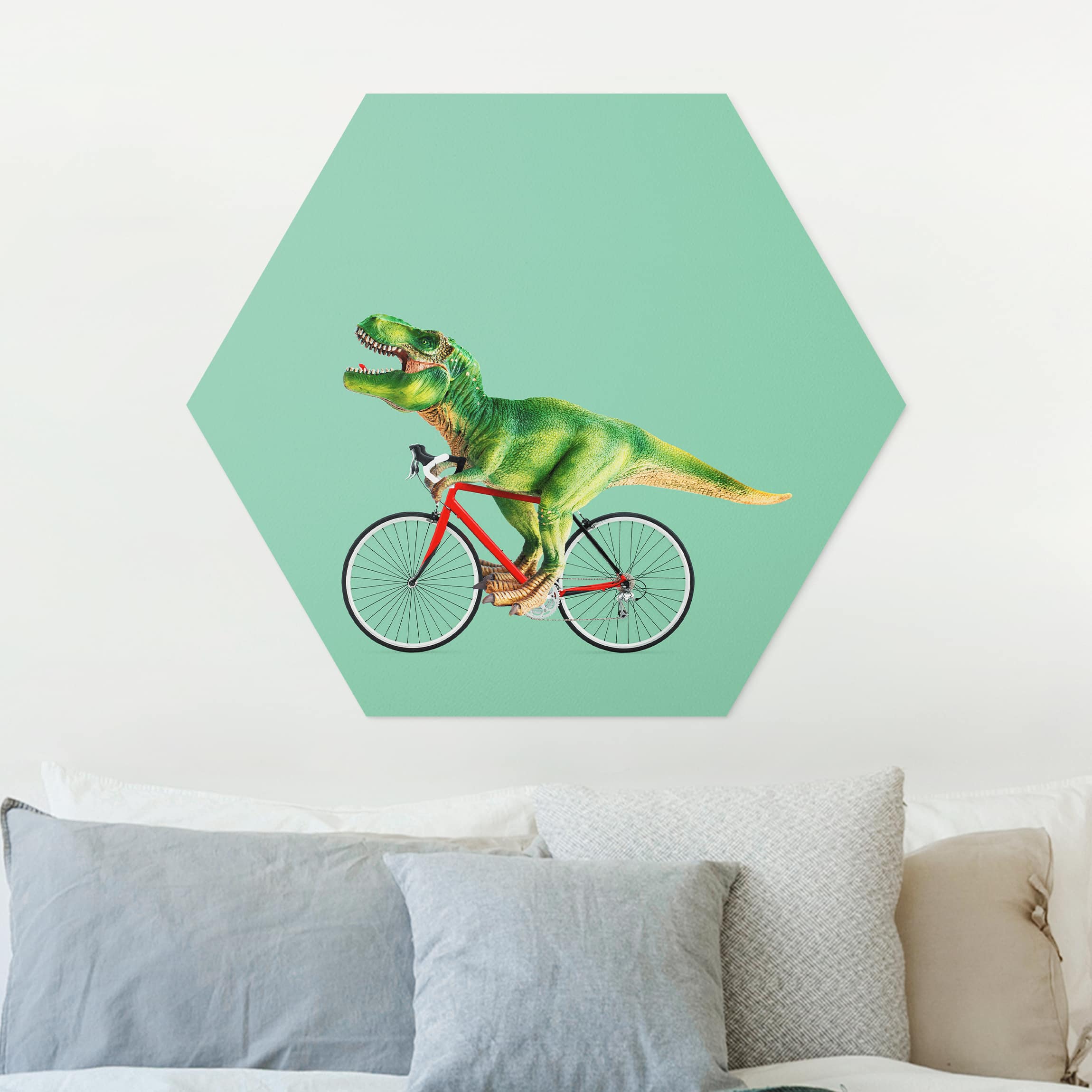 Hexagon-Forexbild Dinosaurier mit Fahrrad