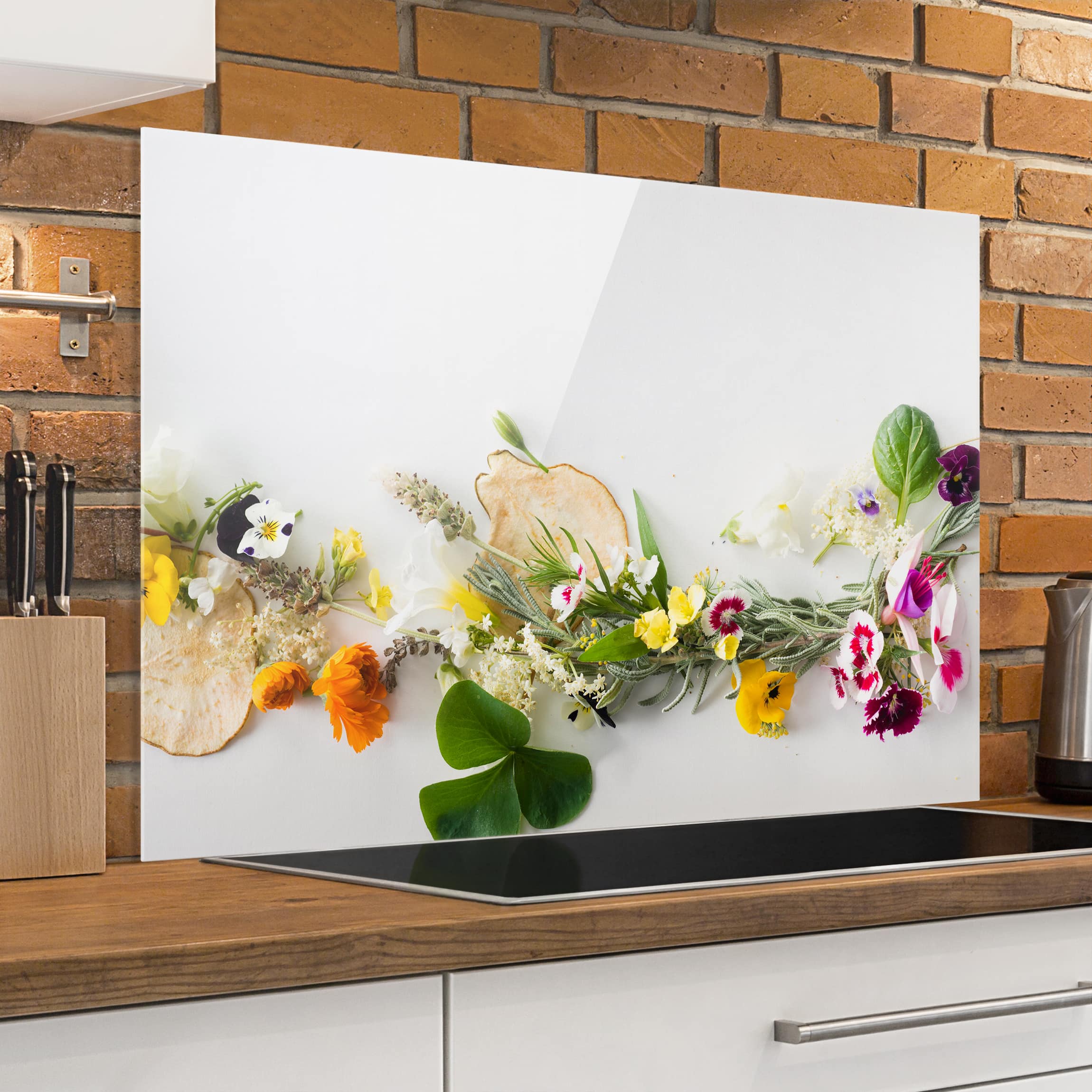 Glas Spritzschutz - Querformat 3:2 Frische Kräuter mit Essblüten