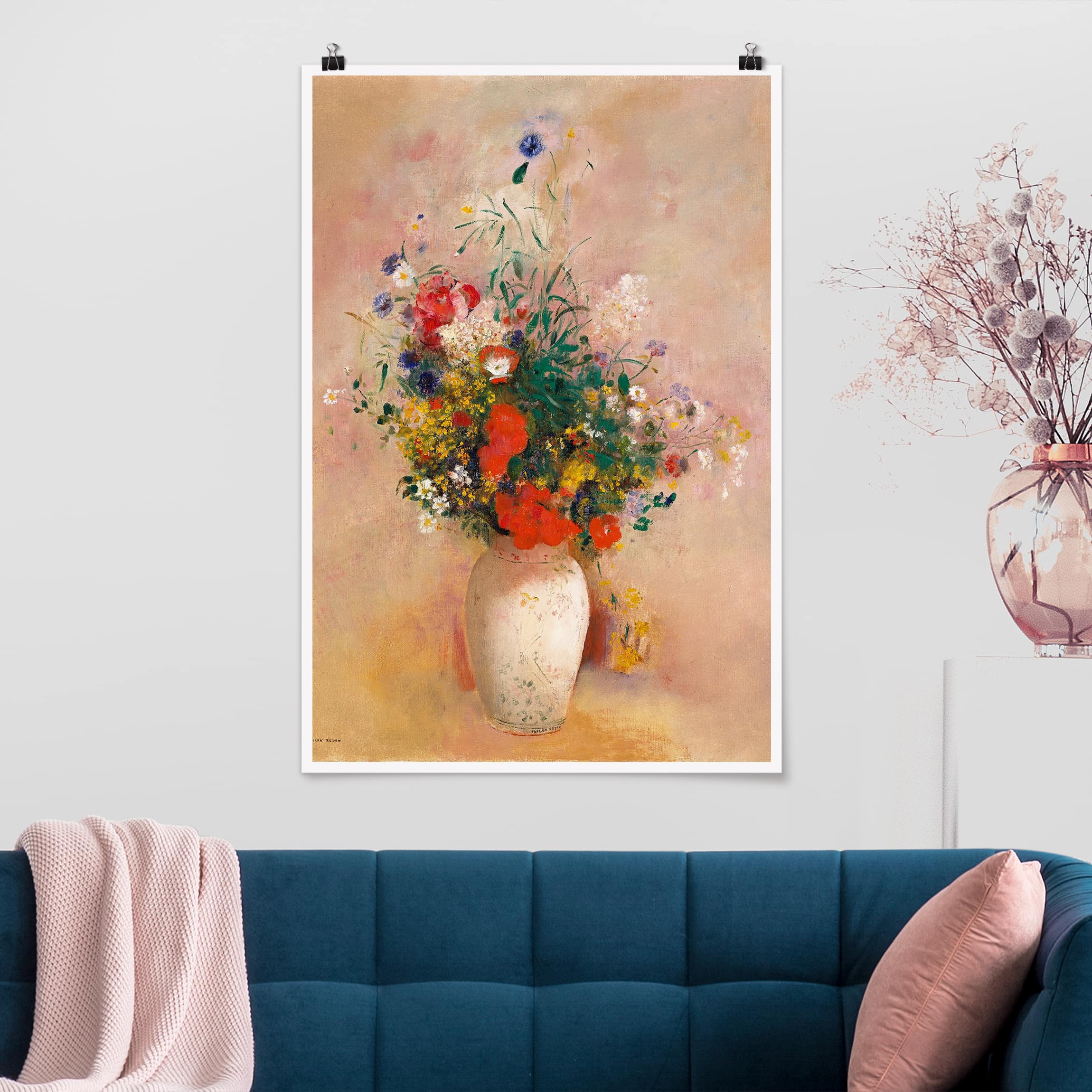 Poster - Hochformat Odilon Redon - Vase mit Blumen (rosenfarbener Hintergrund)