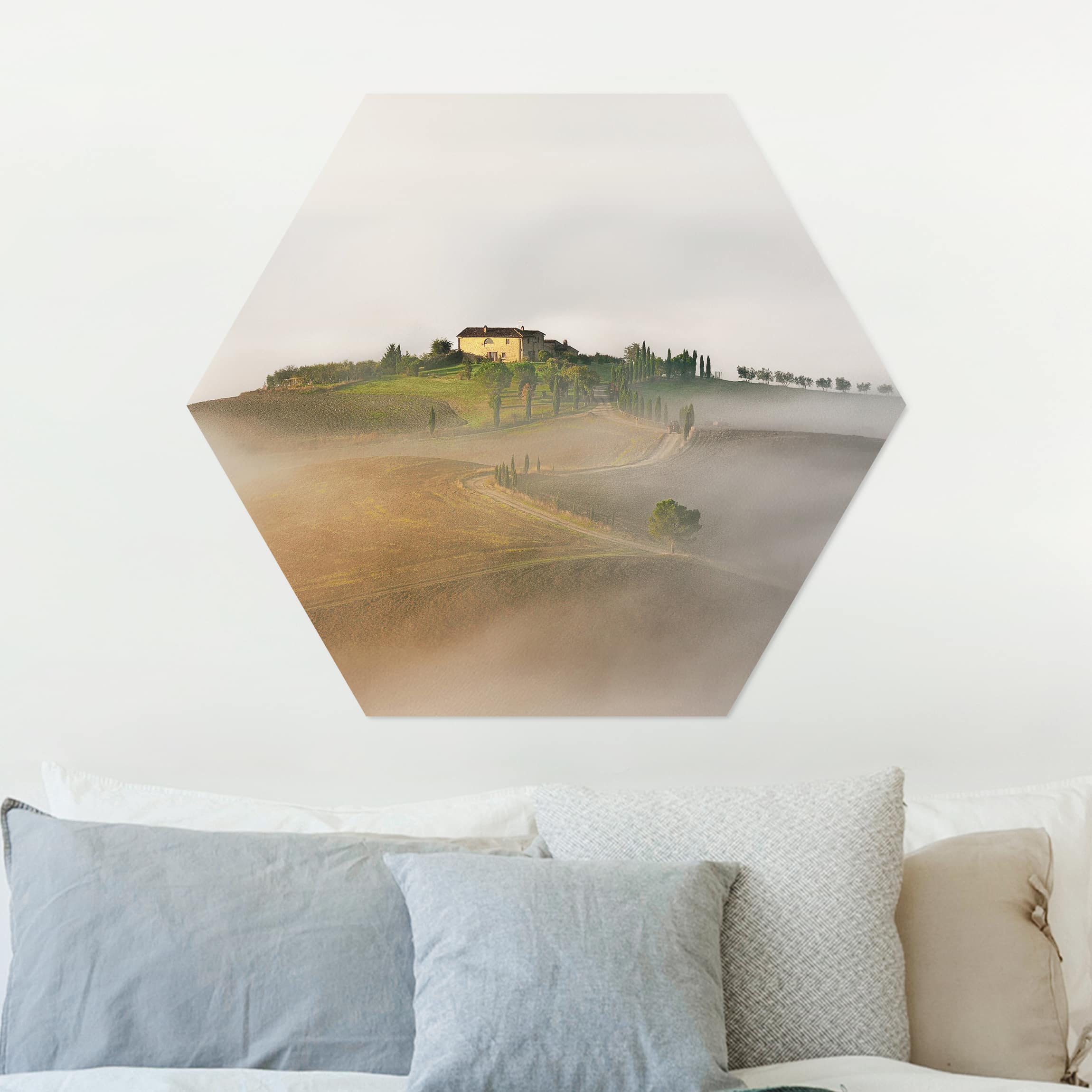 Hexagon-Alu-Dibond Bild Morgennebel in der Toskana
