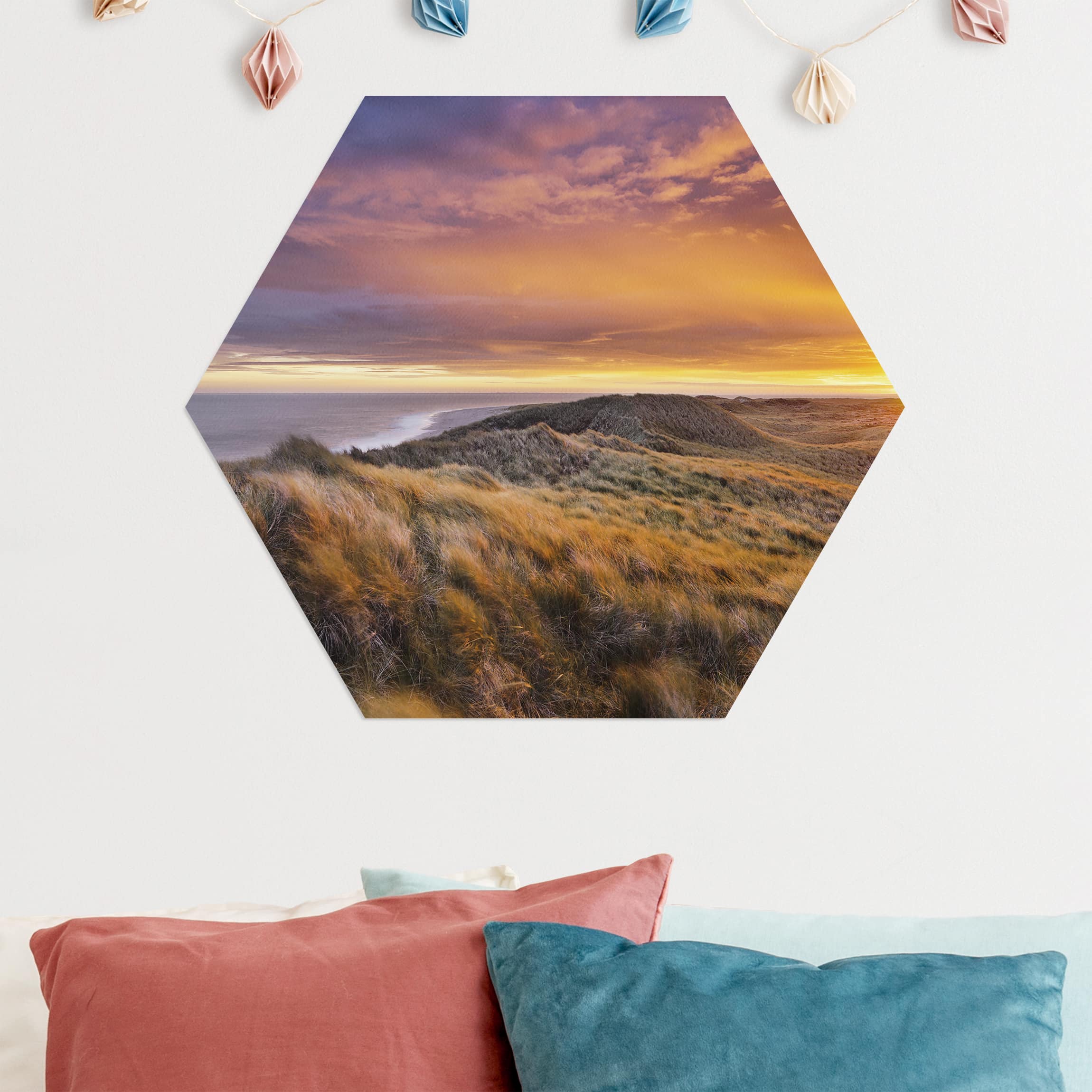Hexagon-Alu-Dibond Bild Sonnenaufgang am Strand auf Sylt