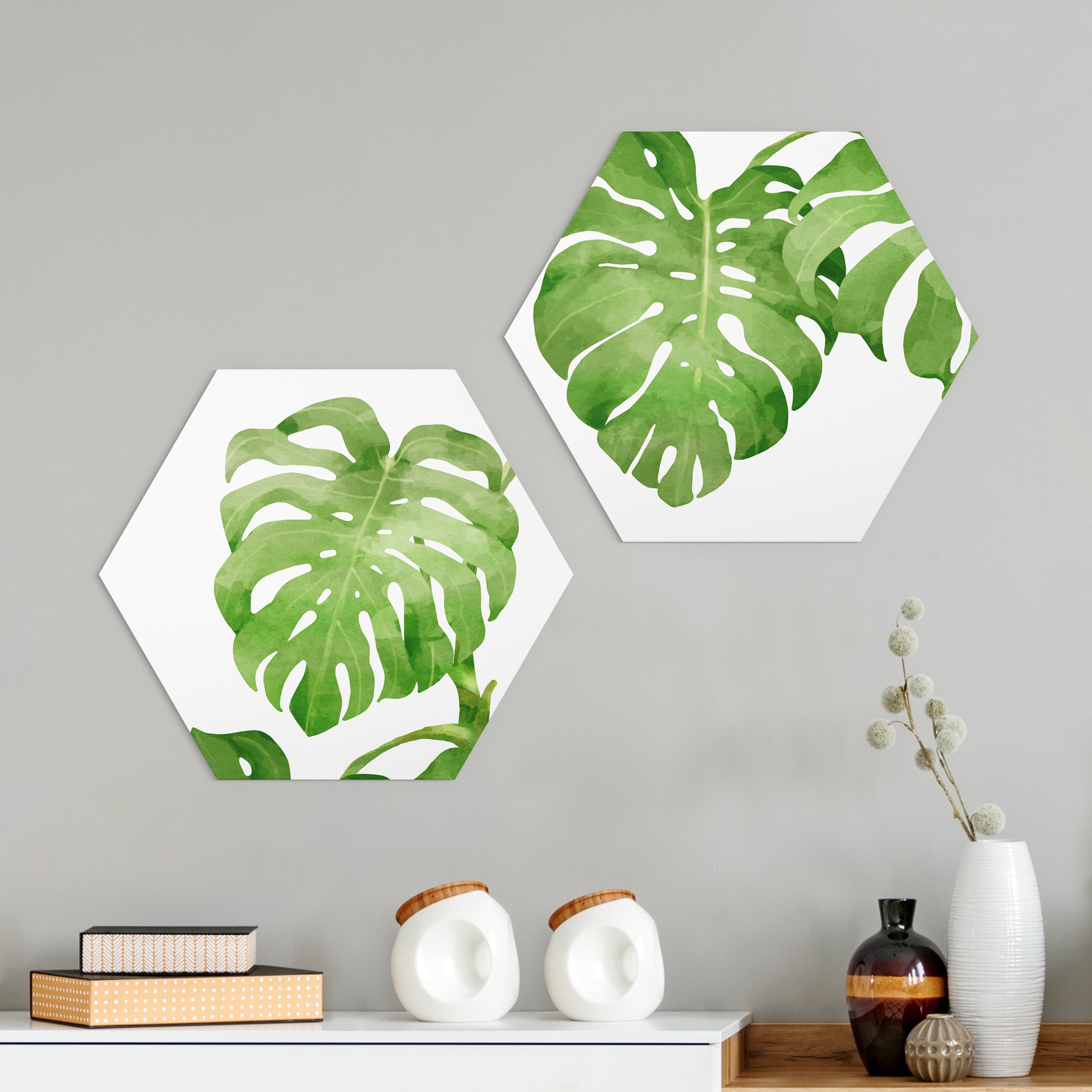 2-teiliges Hexagon-Alu-Dibond Bild Monstera Aquarell