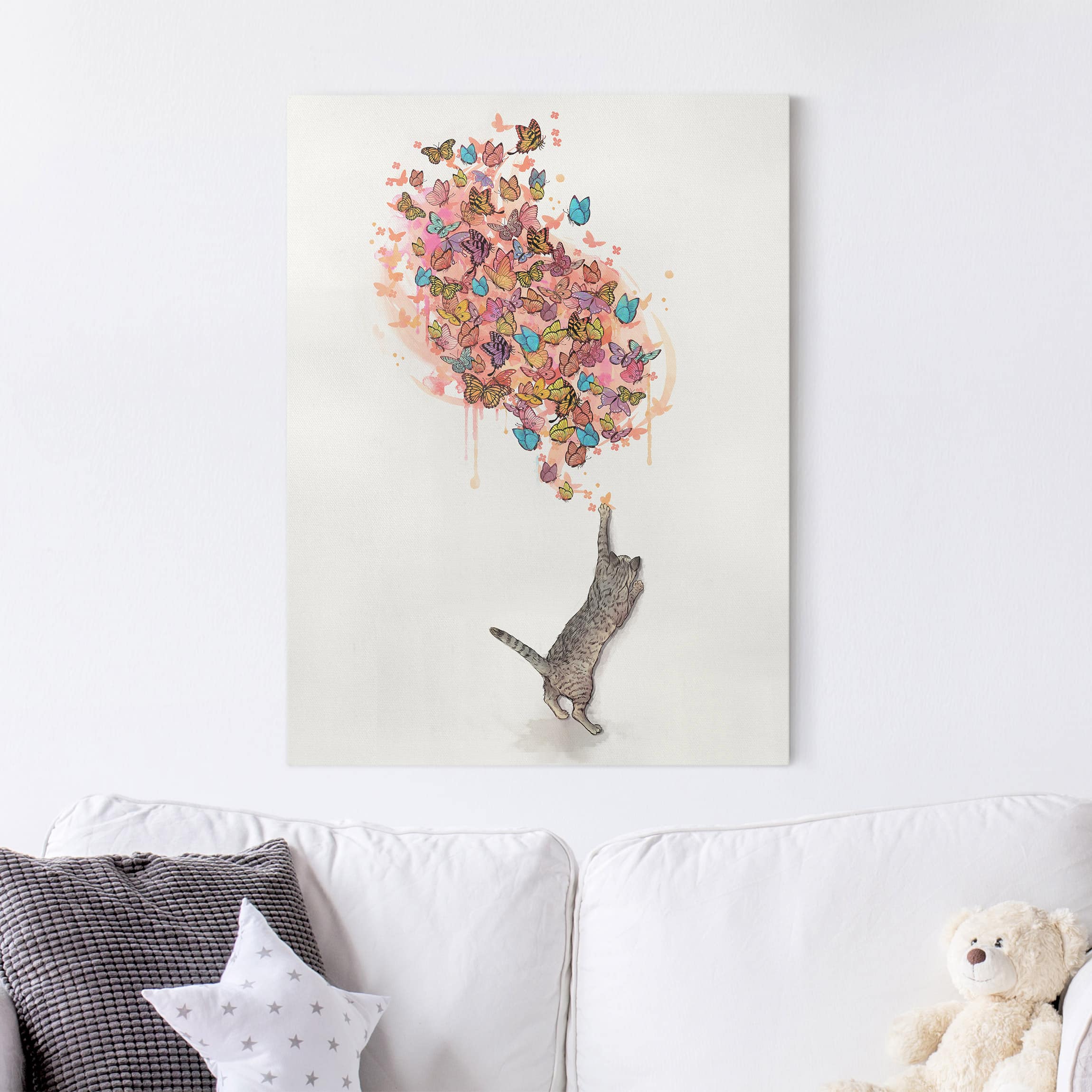 Leinwandbild - Hochformat Illustration Katze mit bunten Schmetterlingen Malerei