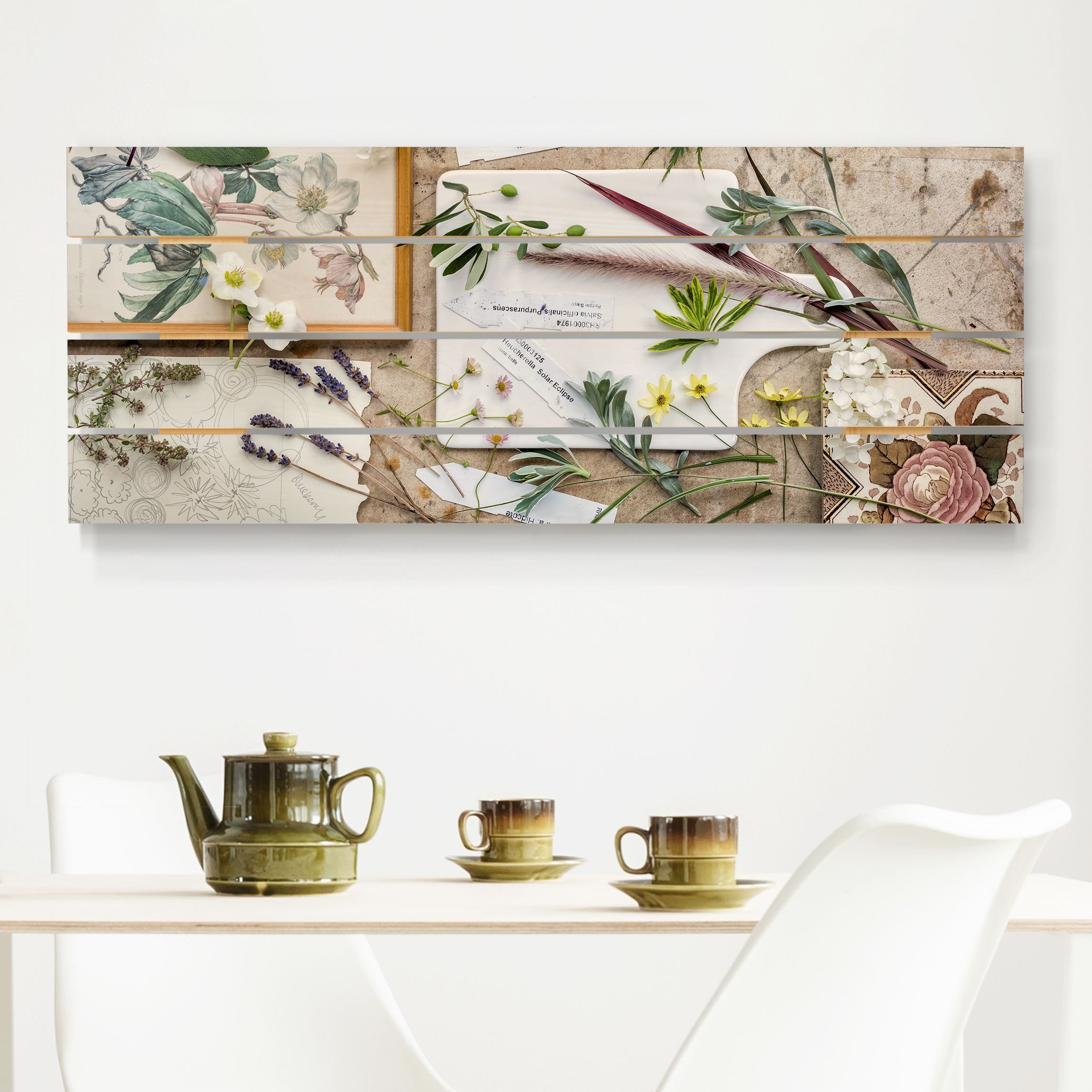 Holzbild Plankenoptik - Panorama Blumen und Gartenkräuter Vintage