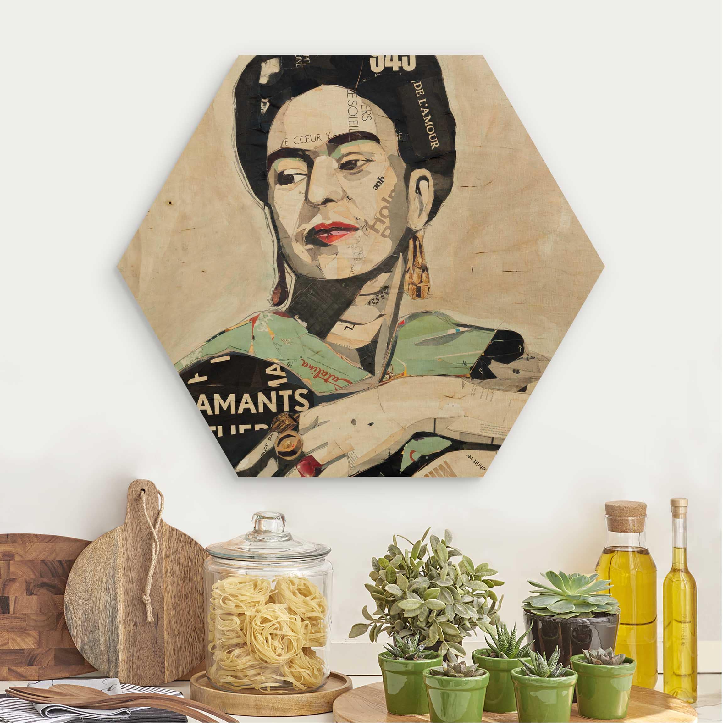 Hexagon-Holzbild Frida Kahlo - Collage No.4
