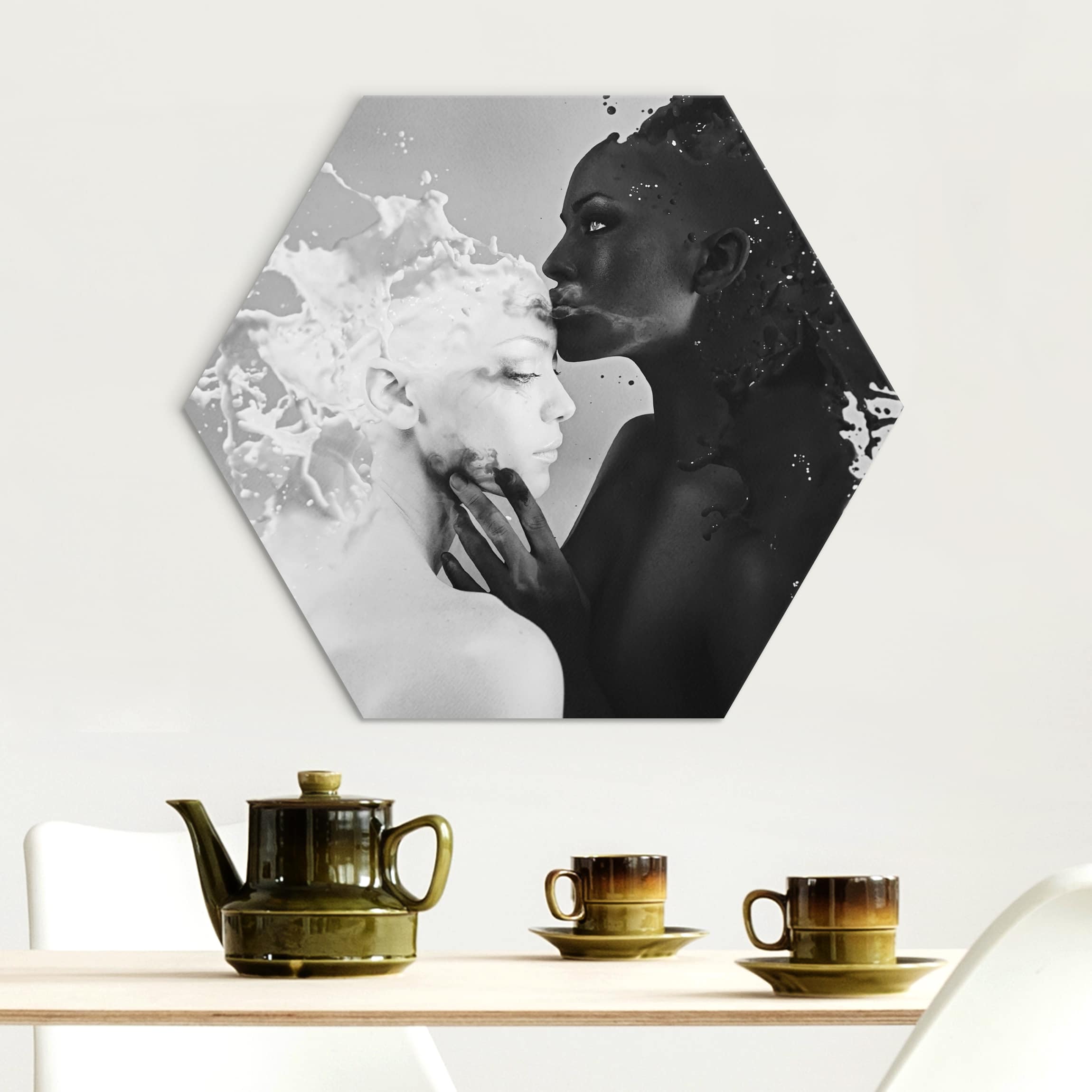 Hexagon-Alu-Dibond Bild Milch & Kaffee Kuss schwarz weiß