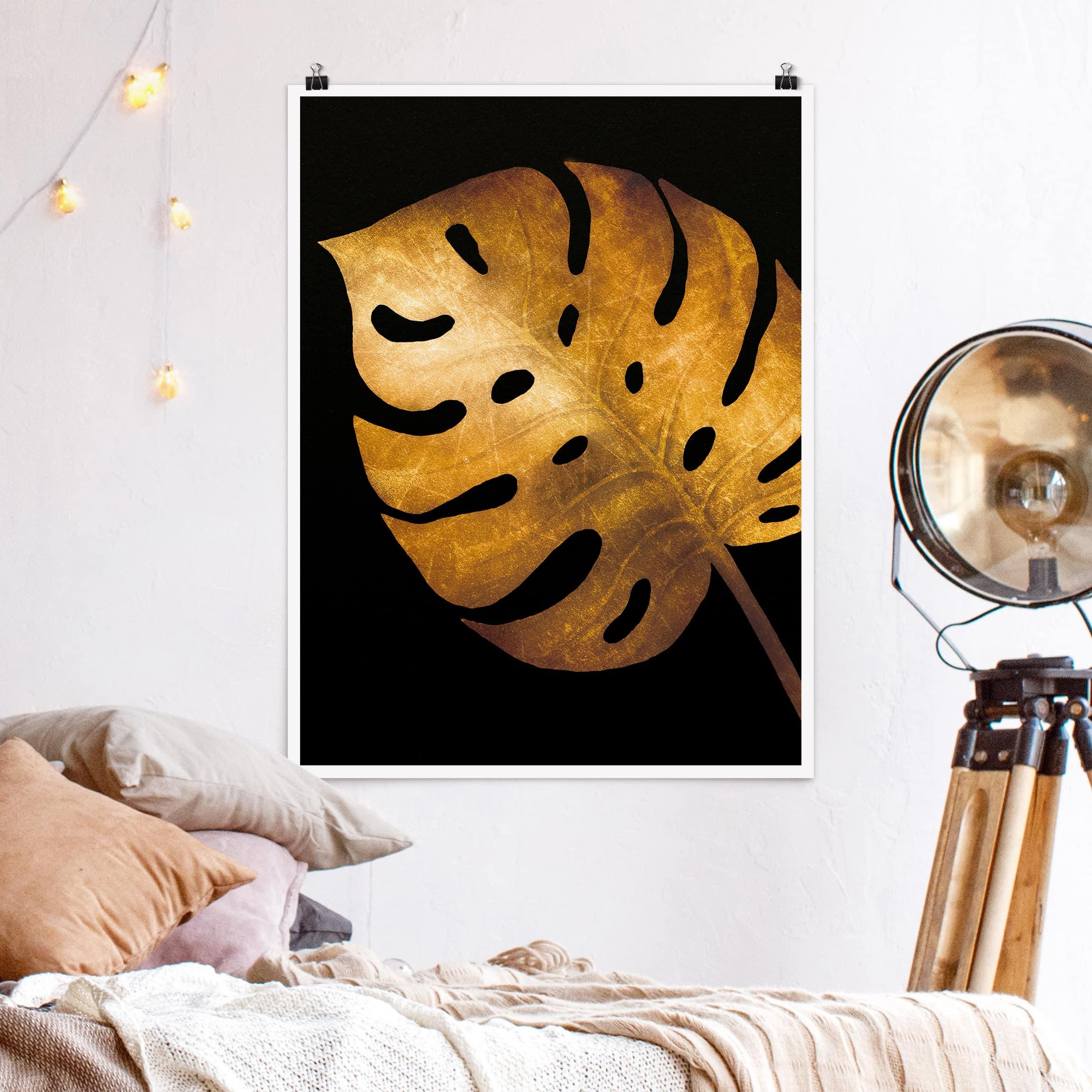 Poster Gold - Monstera auf Schwarz