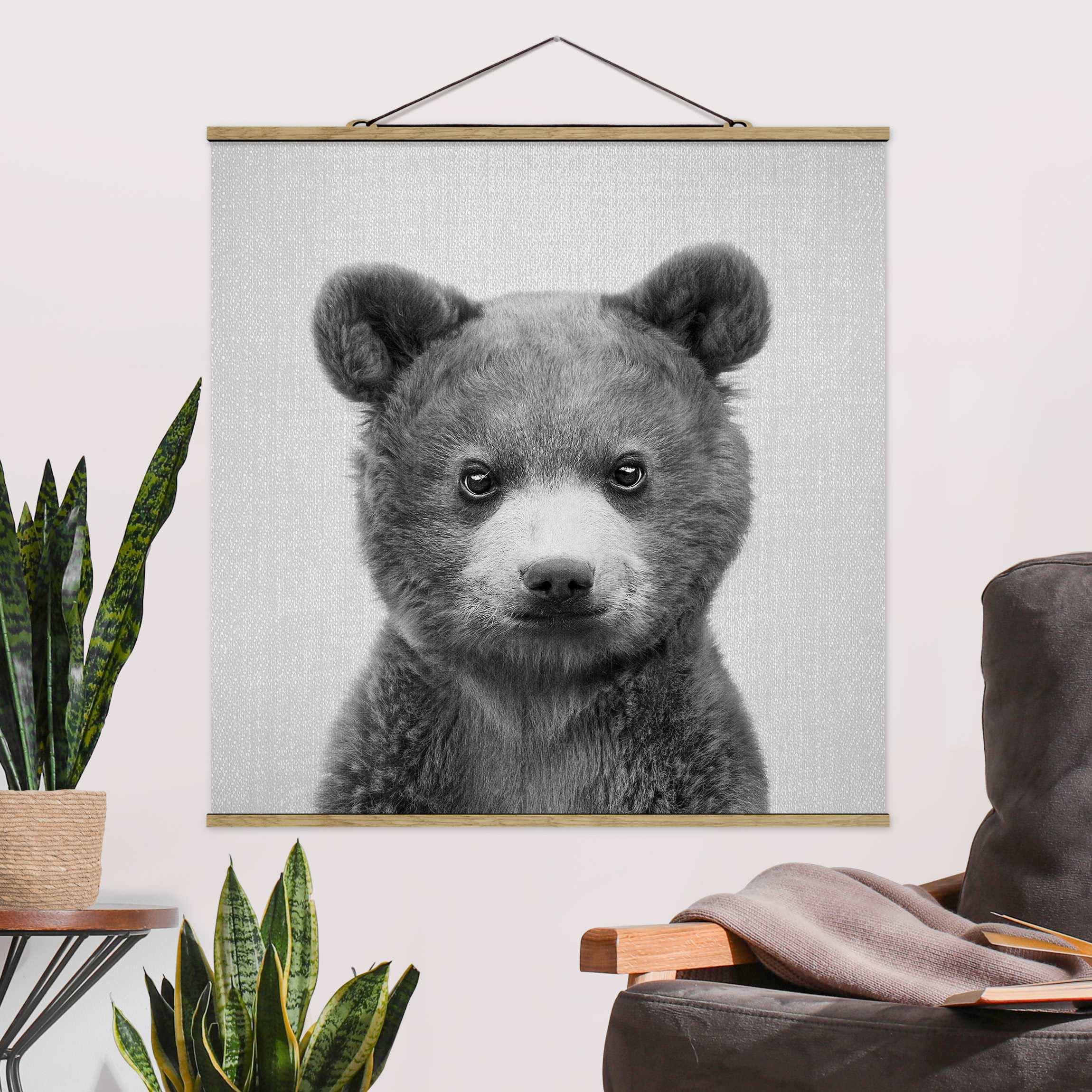 Stoffbild Baby Bär Bruno Schwarz Weiß