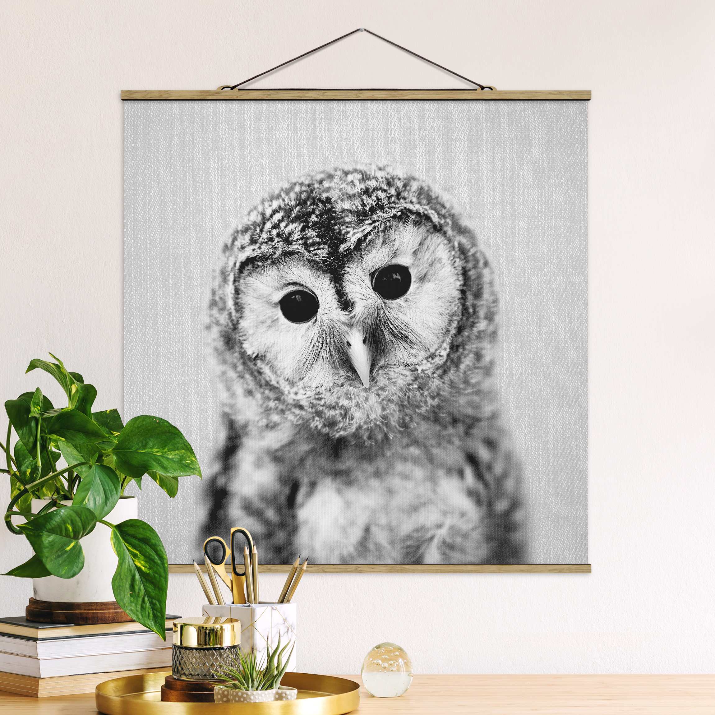 Stoffbild Baby Eule Erika Schwarz Weiß