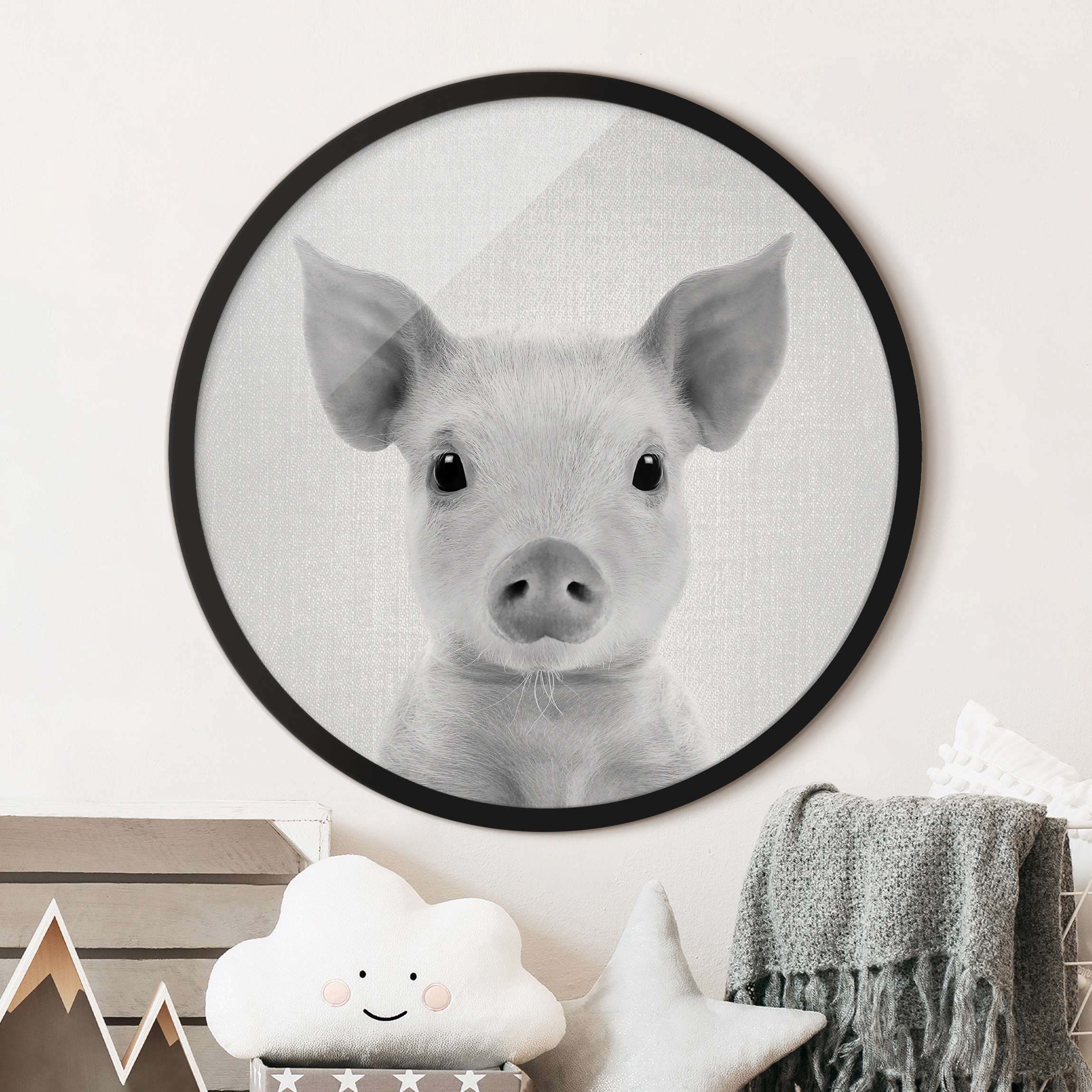 Rundes Bild mit Rahmen Baby Ferkel Fips Schwarz Weiß