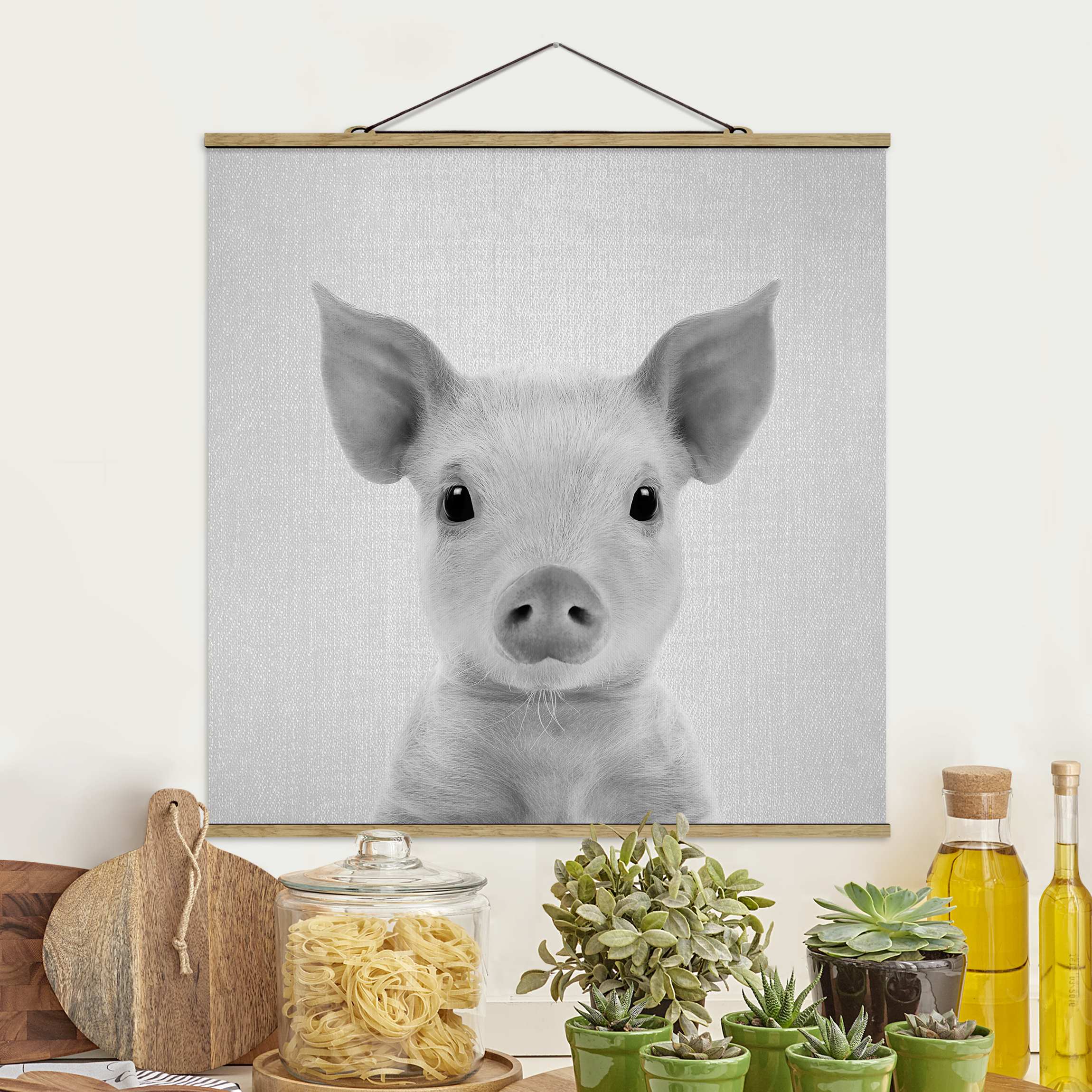 Stoffbild Baby Ferkel Fips Schwarz Weiß