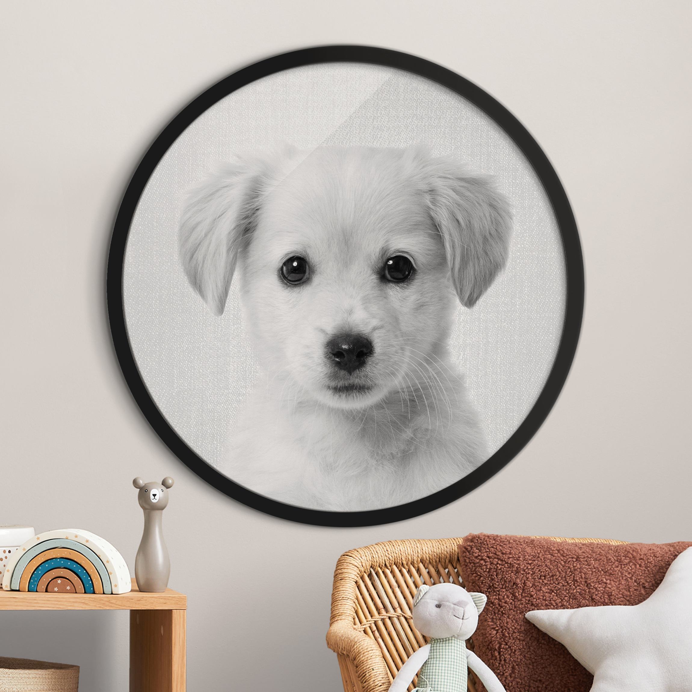 Rundes Bild mit Rahmen Baby Golden Retriever Gizmo Schwarz Weiß