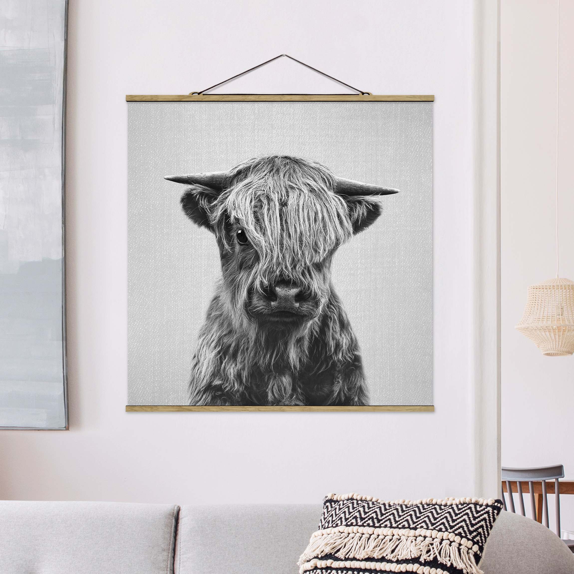 Stoffbild Baby Hochlandrind Henri Schwarz Weiß