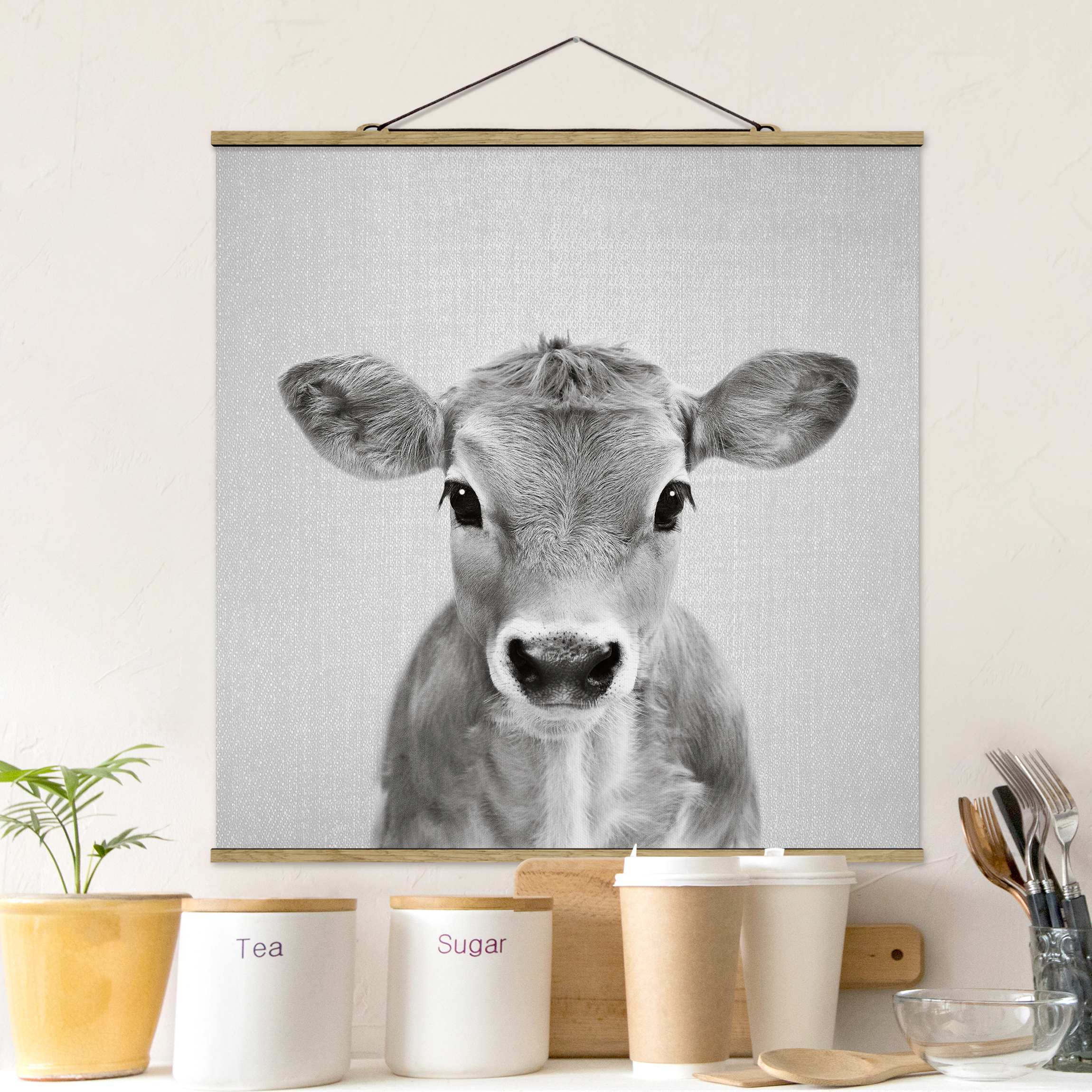 Stoffbild Baby Kuh Kira Schwarz Weiß