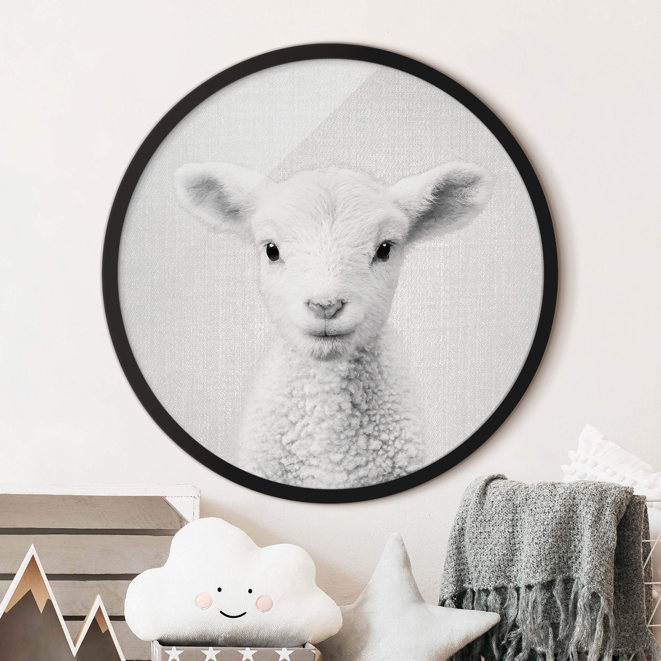 Rundes Bild mit Rahmen Baby Lamm Lina Schwarz Weiß