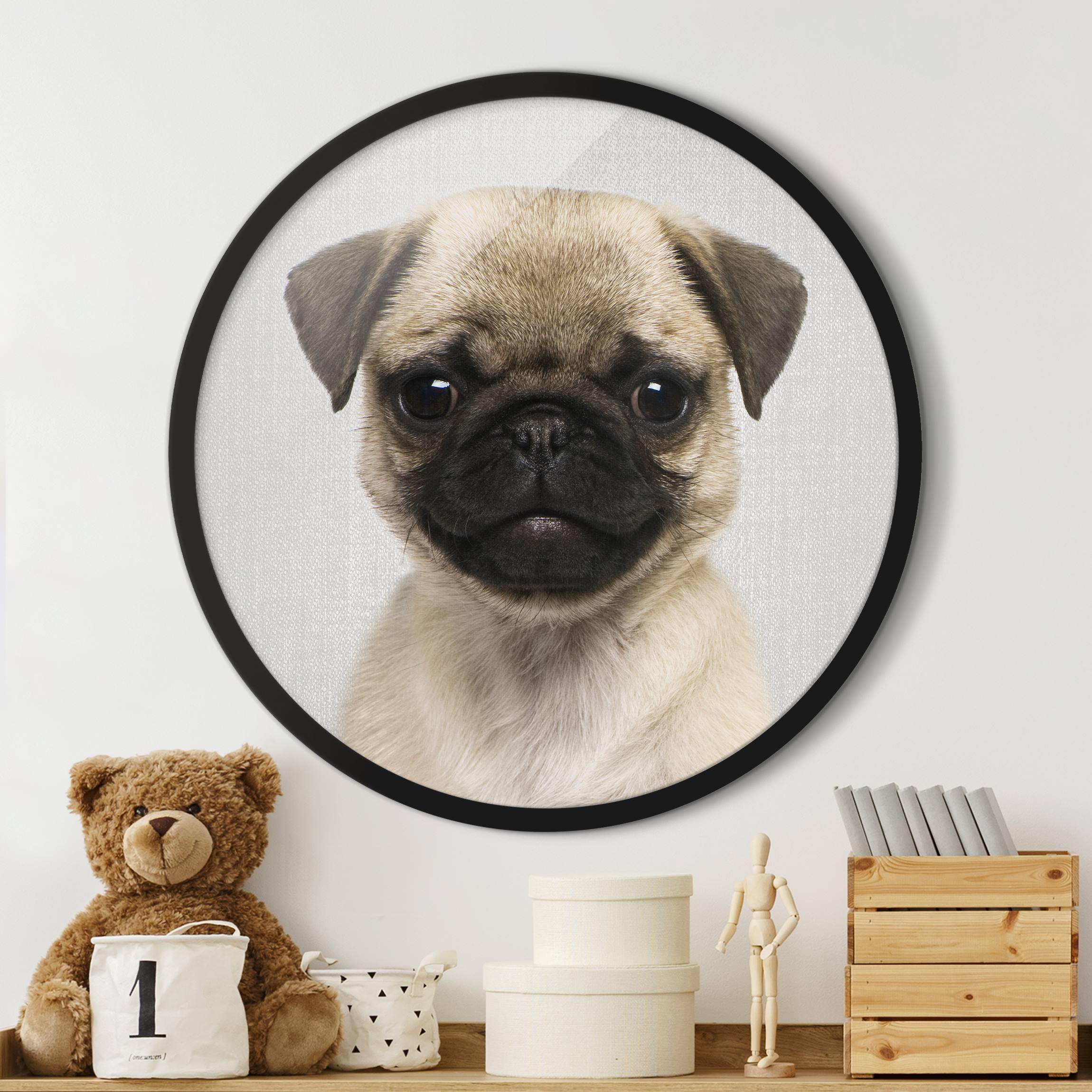 Rundes Bild mit Rahmen Baby Mops Moritz