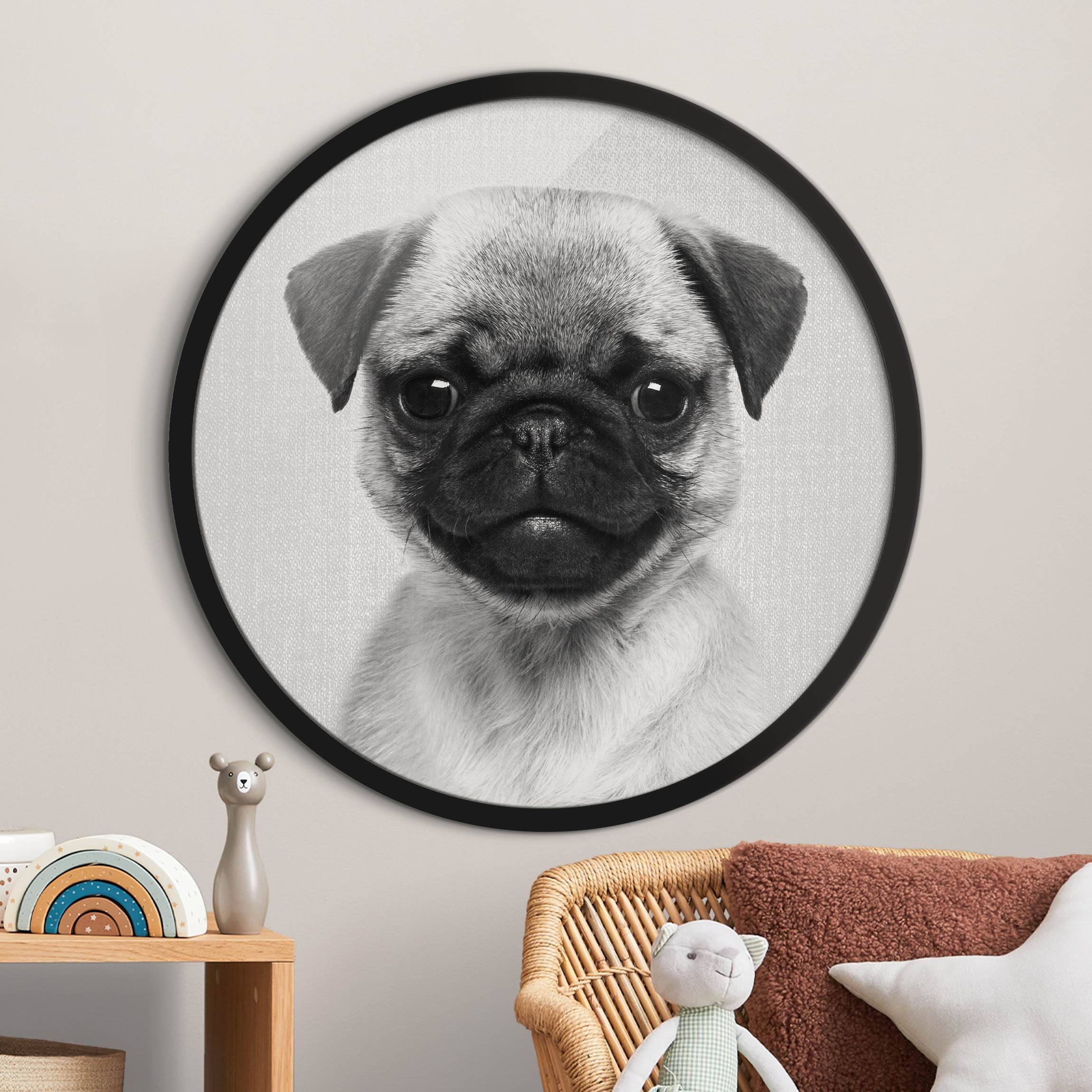 Rundes Bild mit Rahmen Baby Mops Moritz Schwarz Weiß