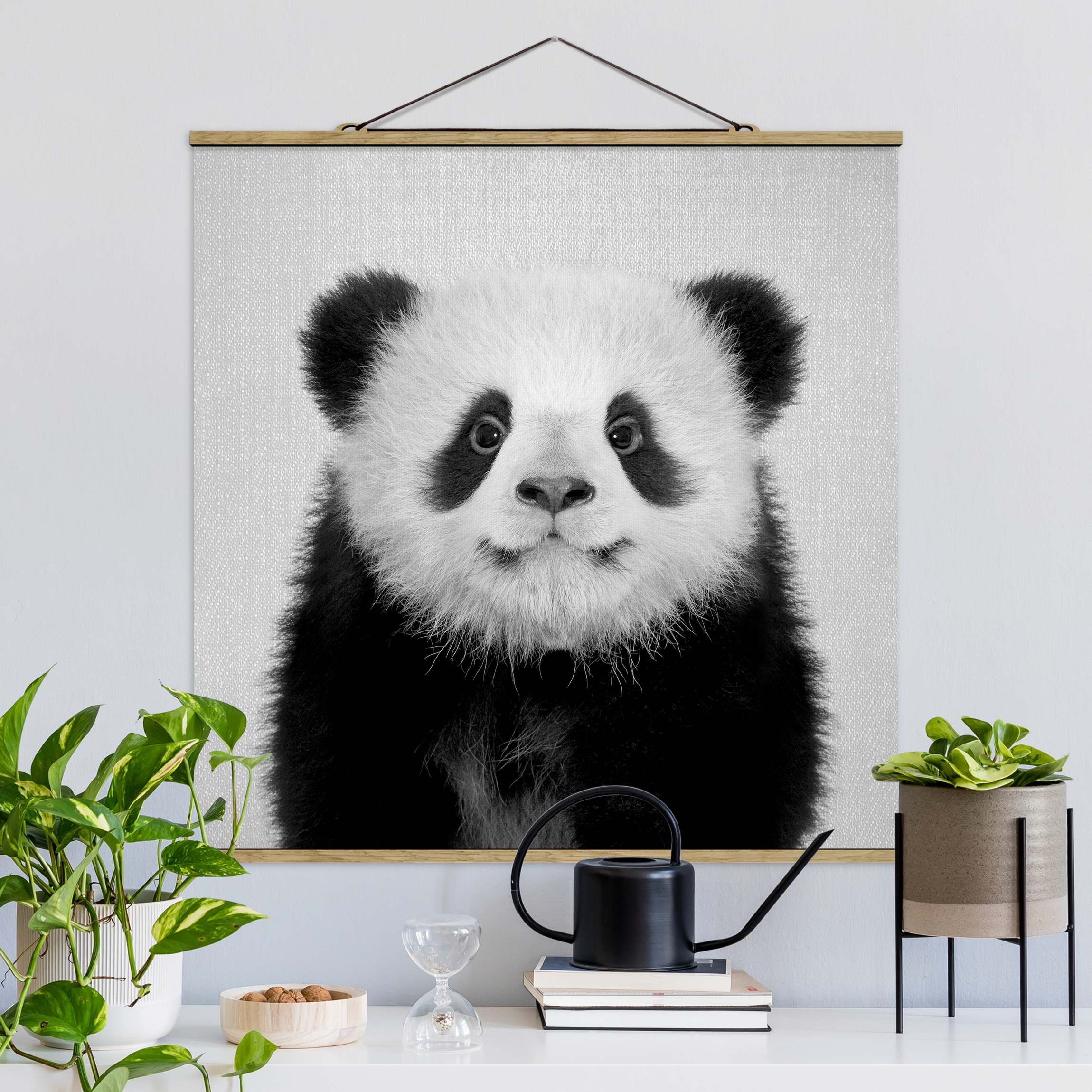 Stoffbild Baby Panda Prian Schwarz Weiß