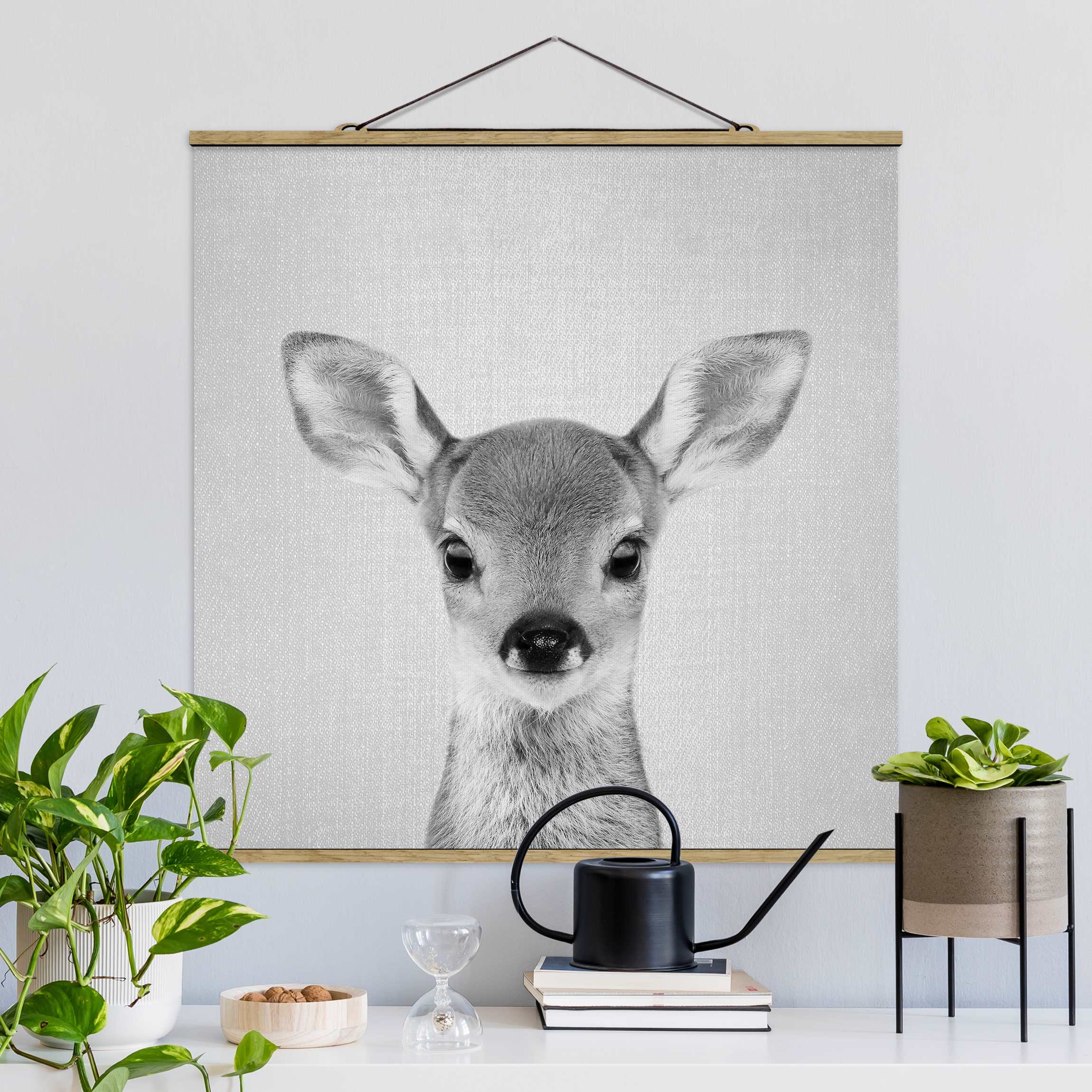 Stoffbild Baby Reh Romy Schwarz Weiß