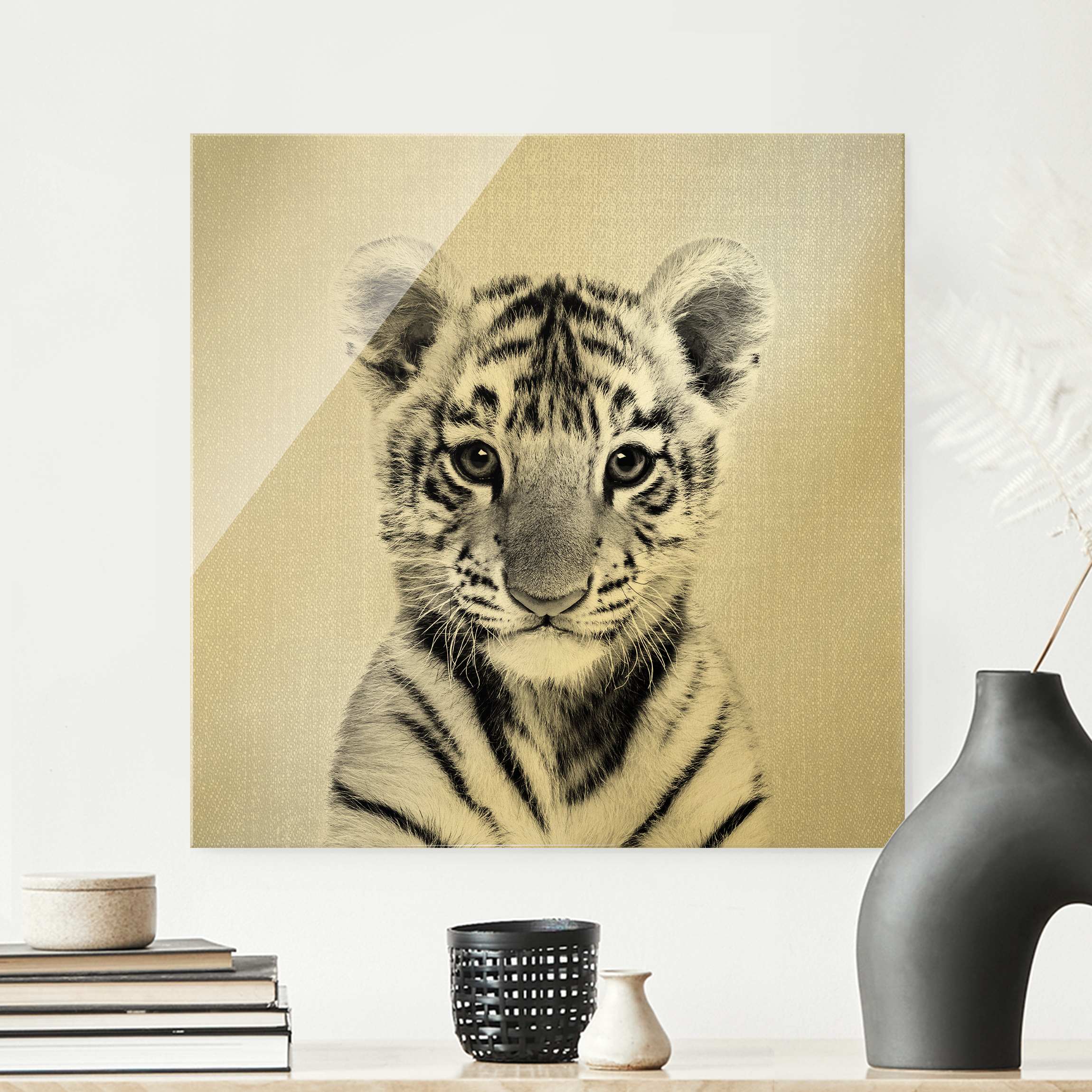 Glasbild Baby Tiger Thor Schwarz Weiß