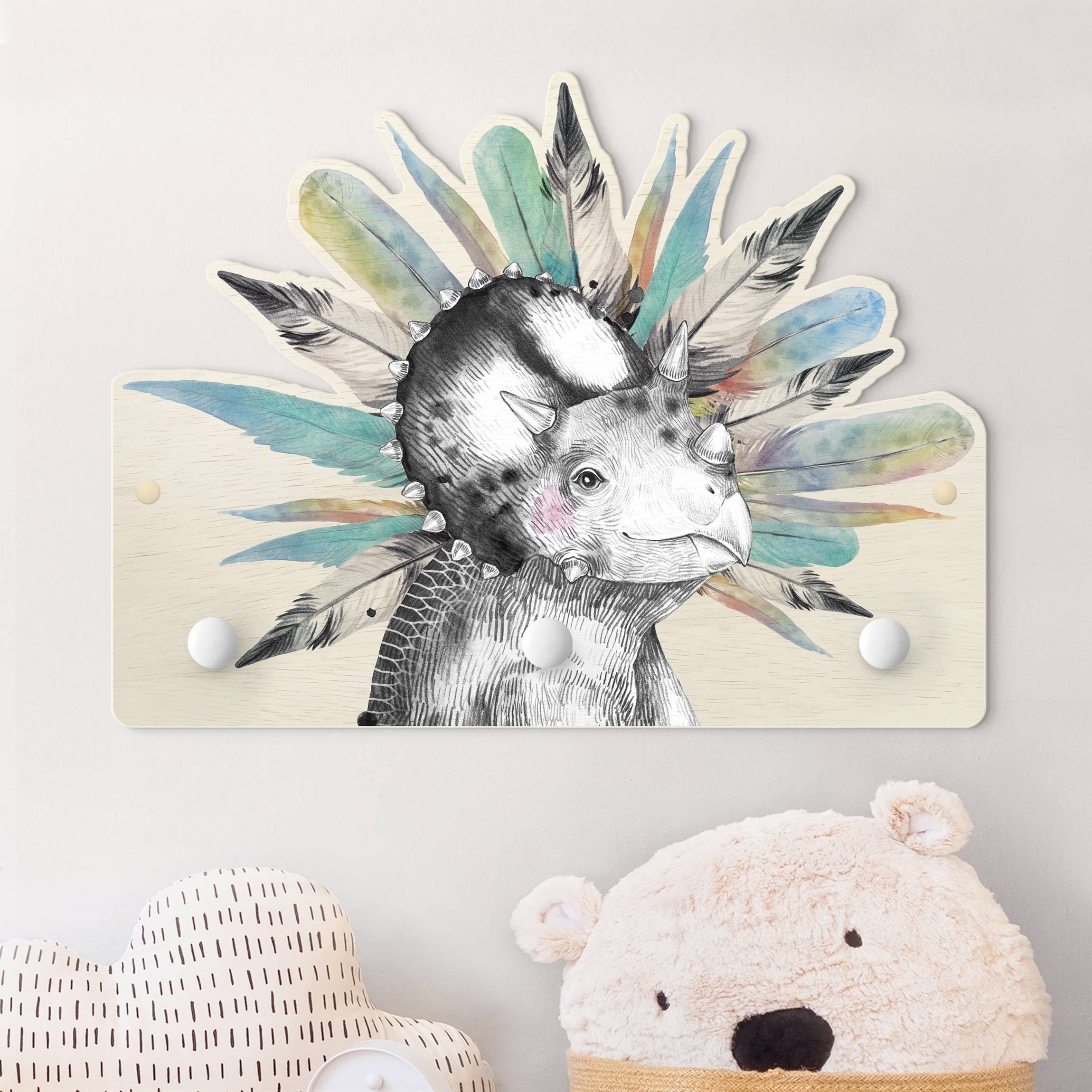 Kindergarderobe Holz Baby Triceratops mit Federkrone
