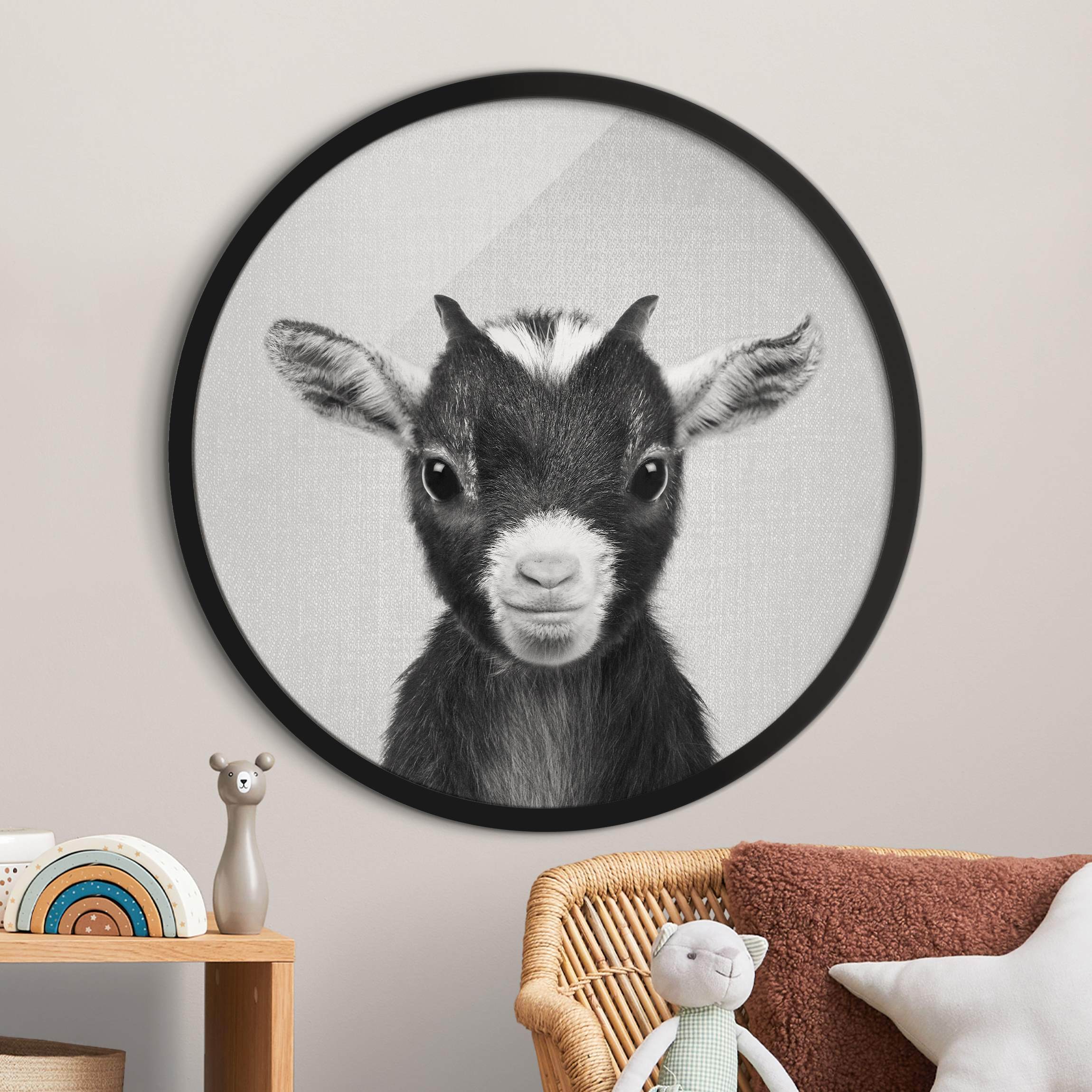 Rundes Bild mit Rahmen Baby Ziege Zelda Schwarz Weiß