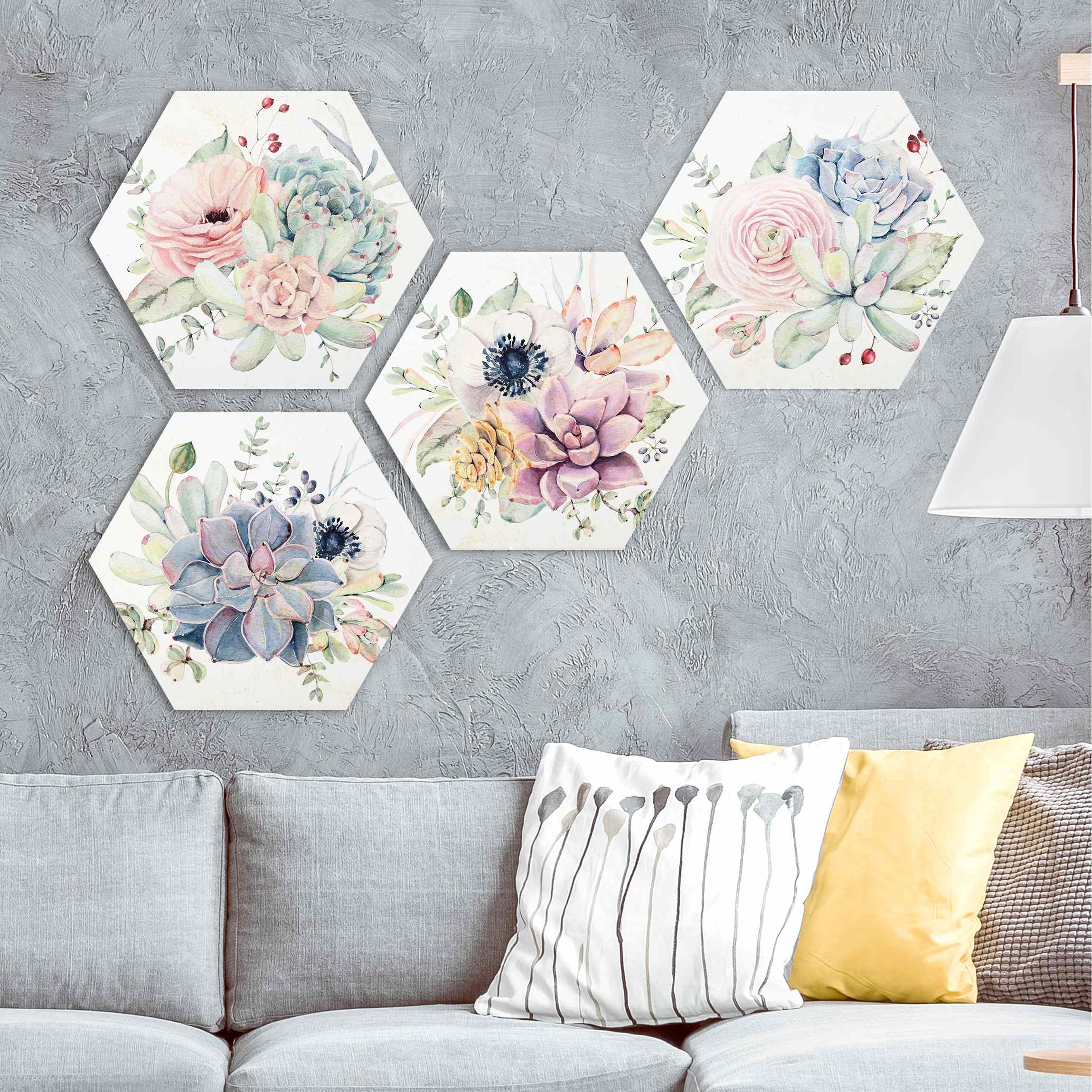 4-teiliges Hexagon-Forexbild Aquarell Blumen Landhaus