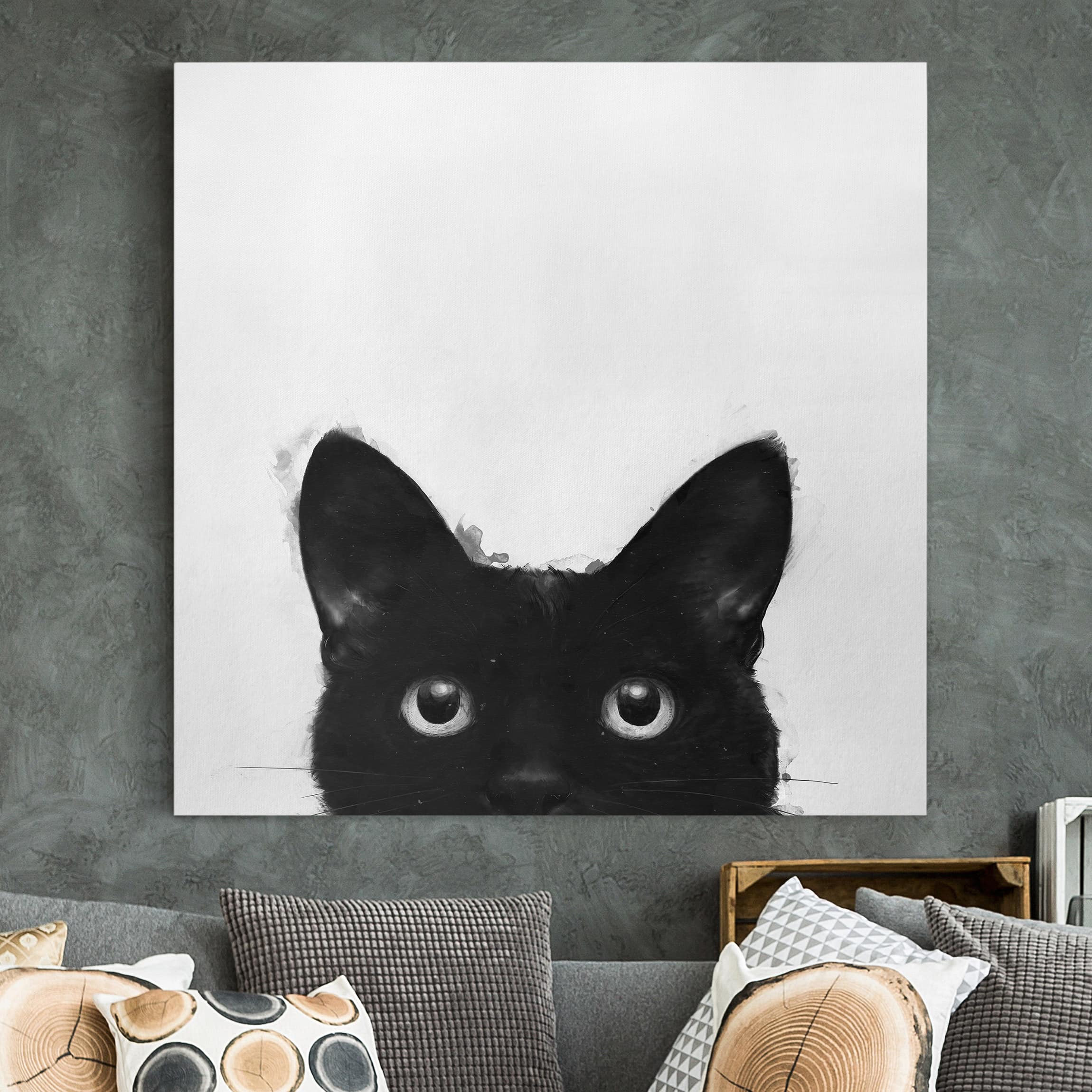 Leinwandbild - Quadrat Illustration Schwarze Katze auf Weiß Malerei