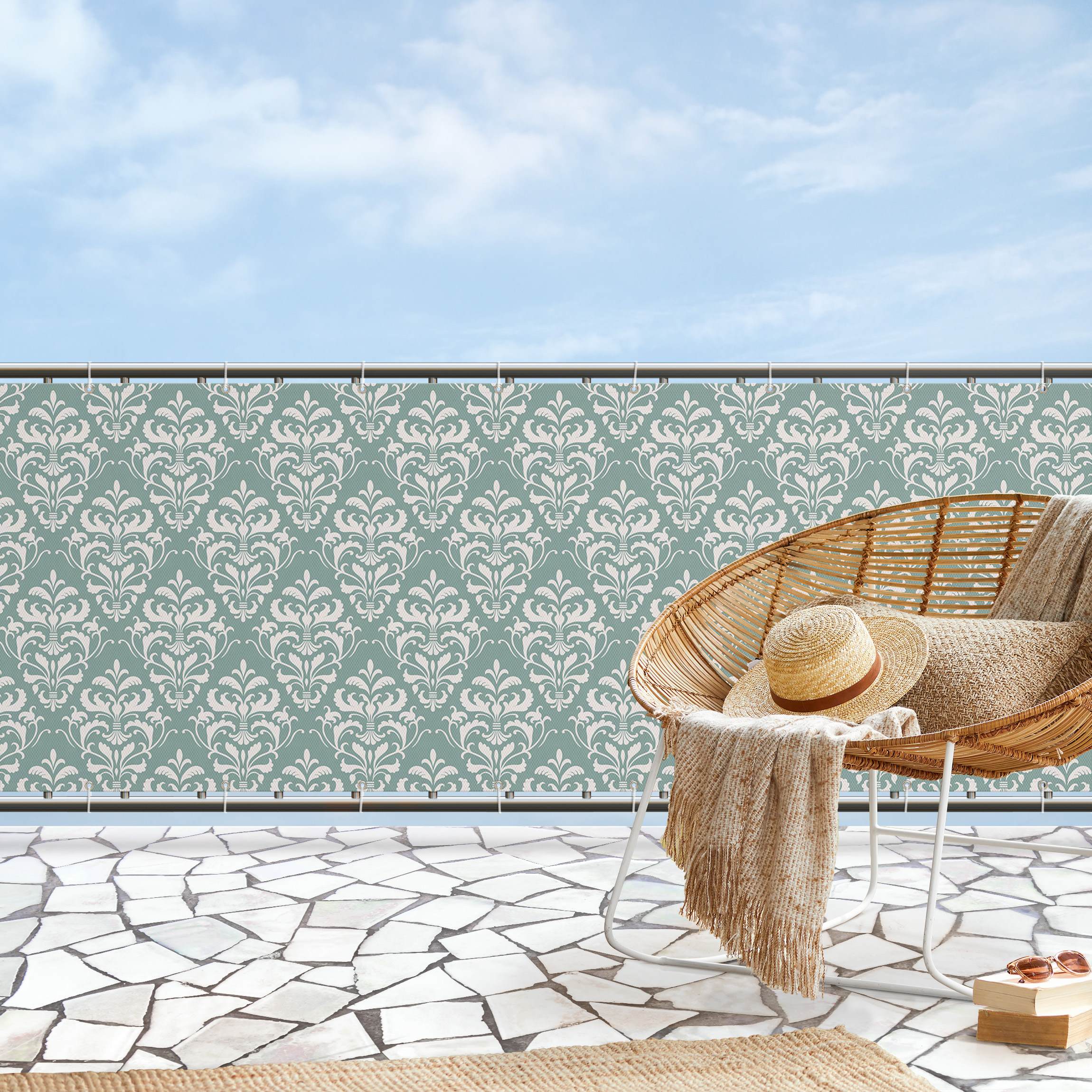 Balkon Sichtschutz Barock Damast mit Rahmen