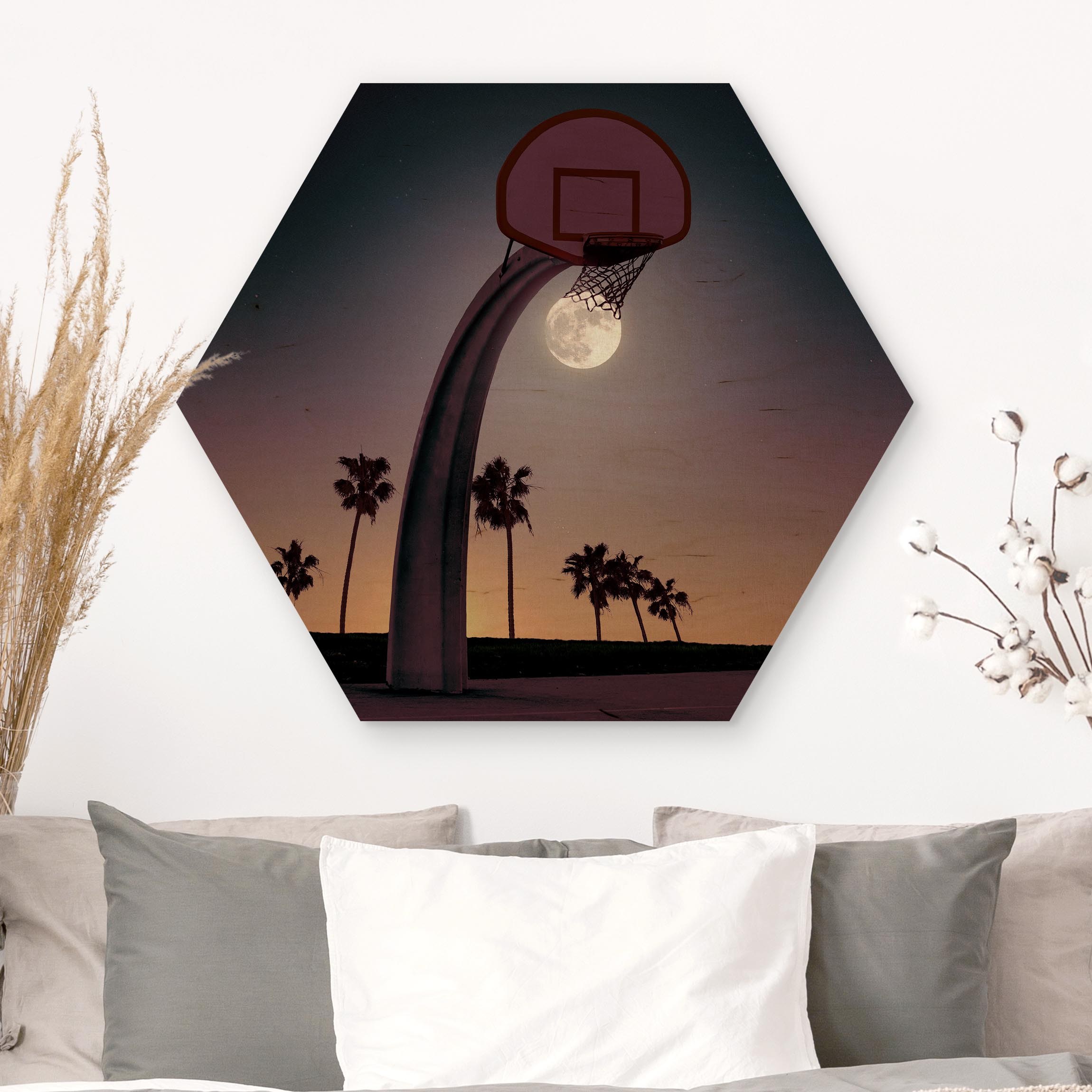 Hexagon-Holzbild Basketball mit Mond