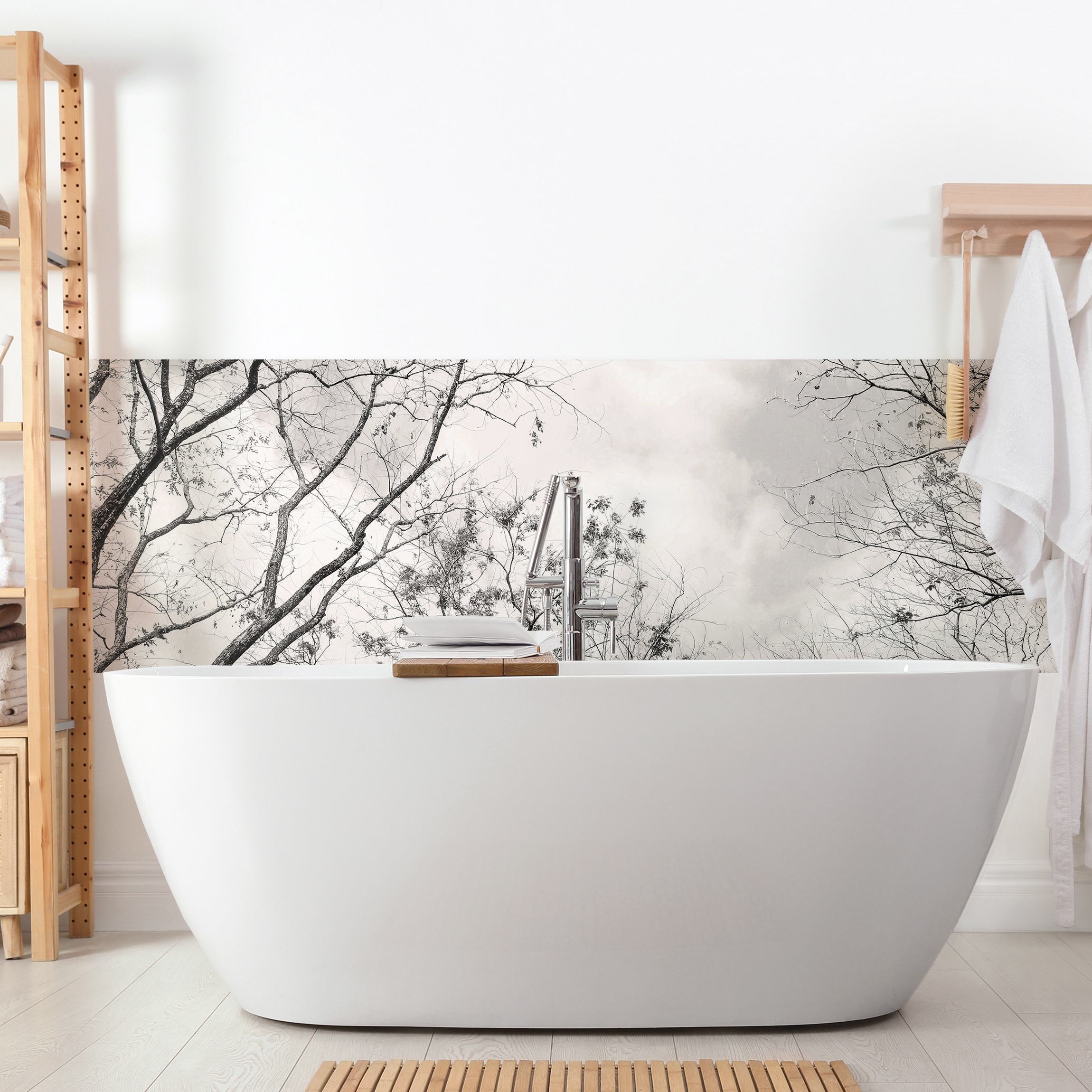Wandverkleidung Bad Baumkronen im Himmel in Warmgrau