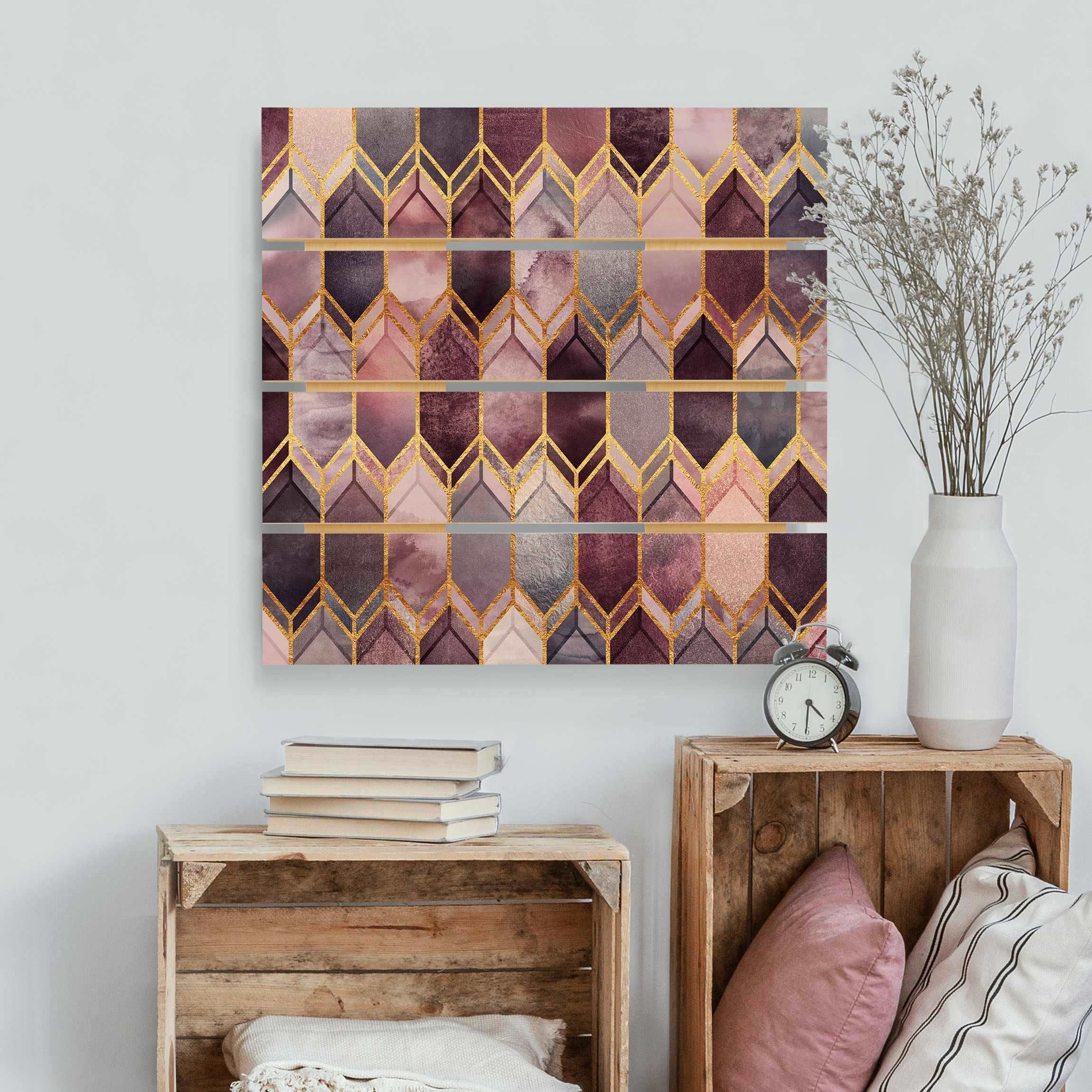 Holzbild Plankenoptik - Quadrat Glasmalerei geometrisch Rosé Gold