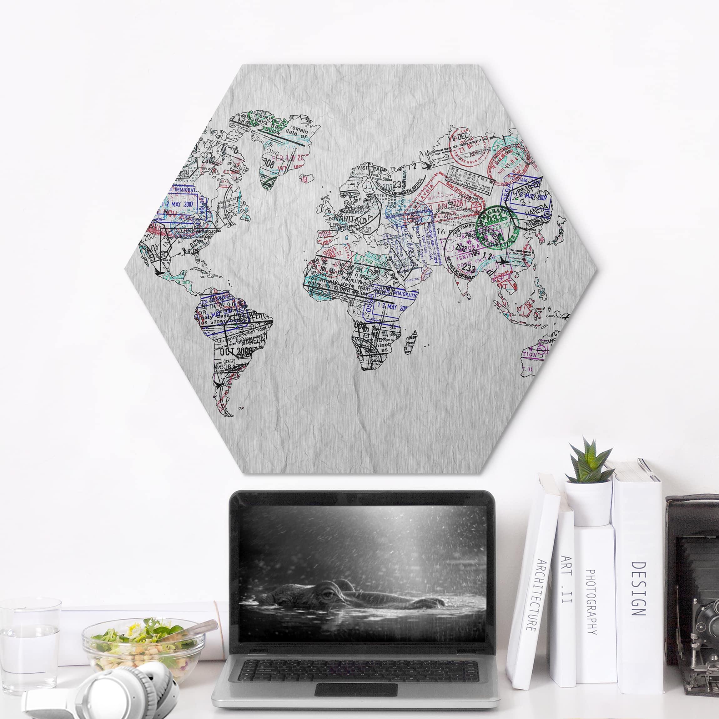Hexagon-Alu-Dibond Bild Reisepass Stempel Weltkarte
