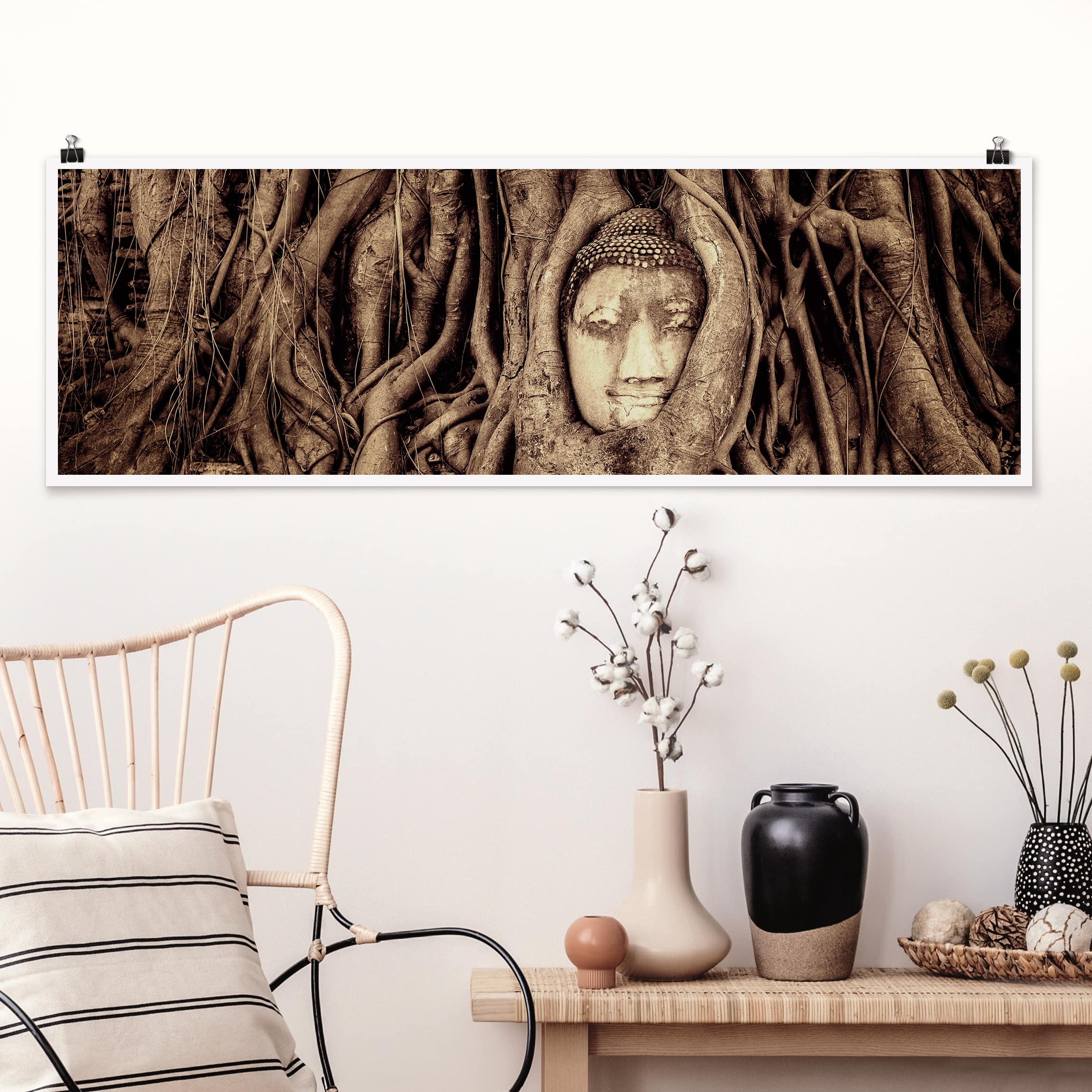 Panorama Poster Buddha in Ayutthaya von Baumwurzeln gesäumt in Braun