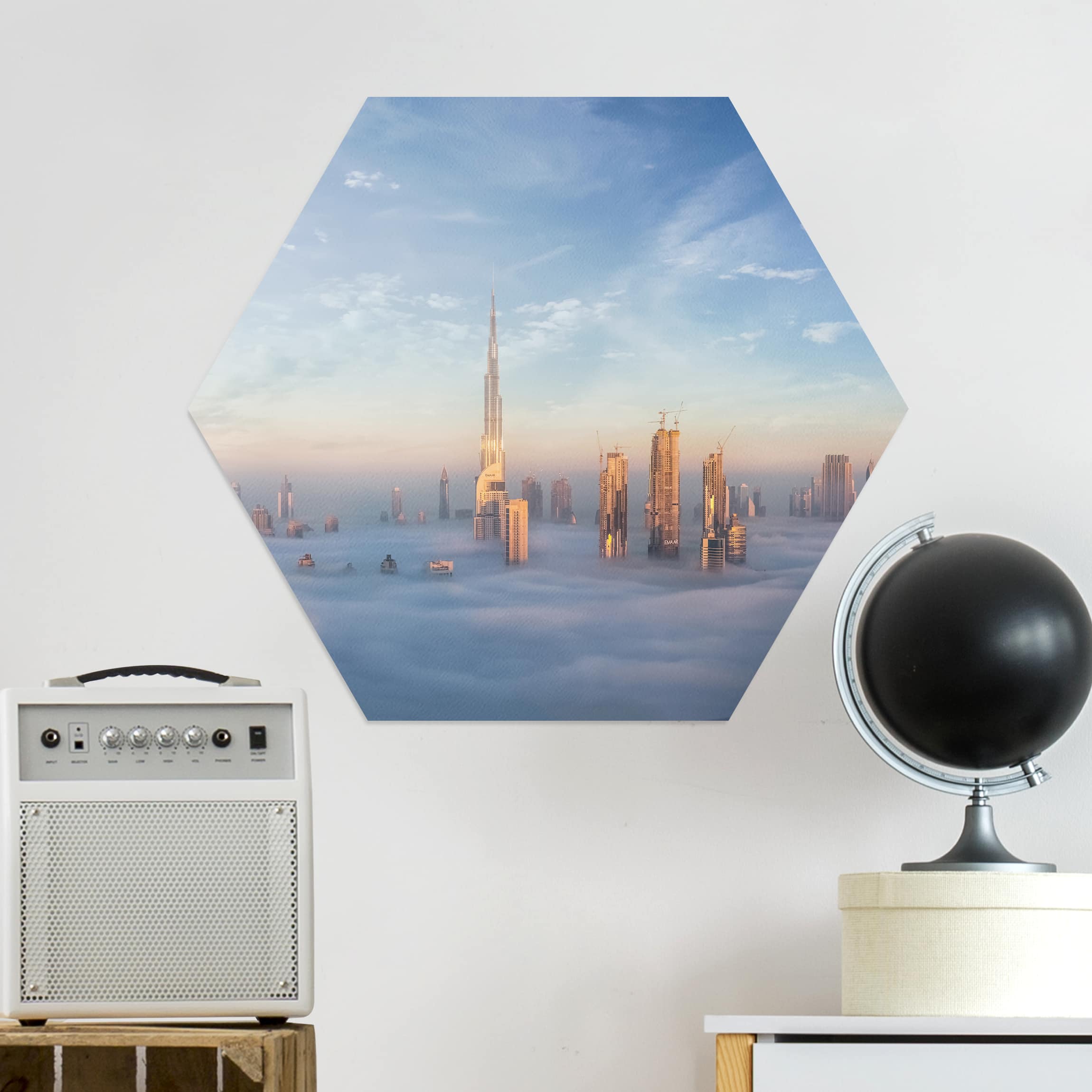 Hexagon-Alu-Dibond Bild Dubai über den Wolken
